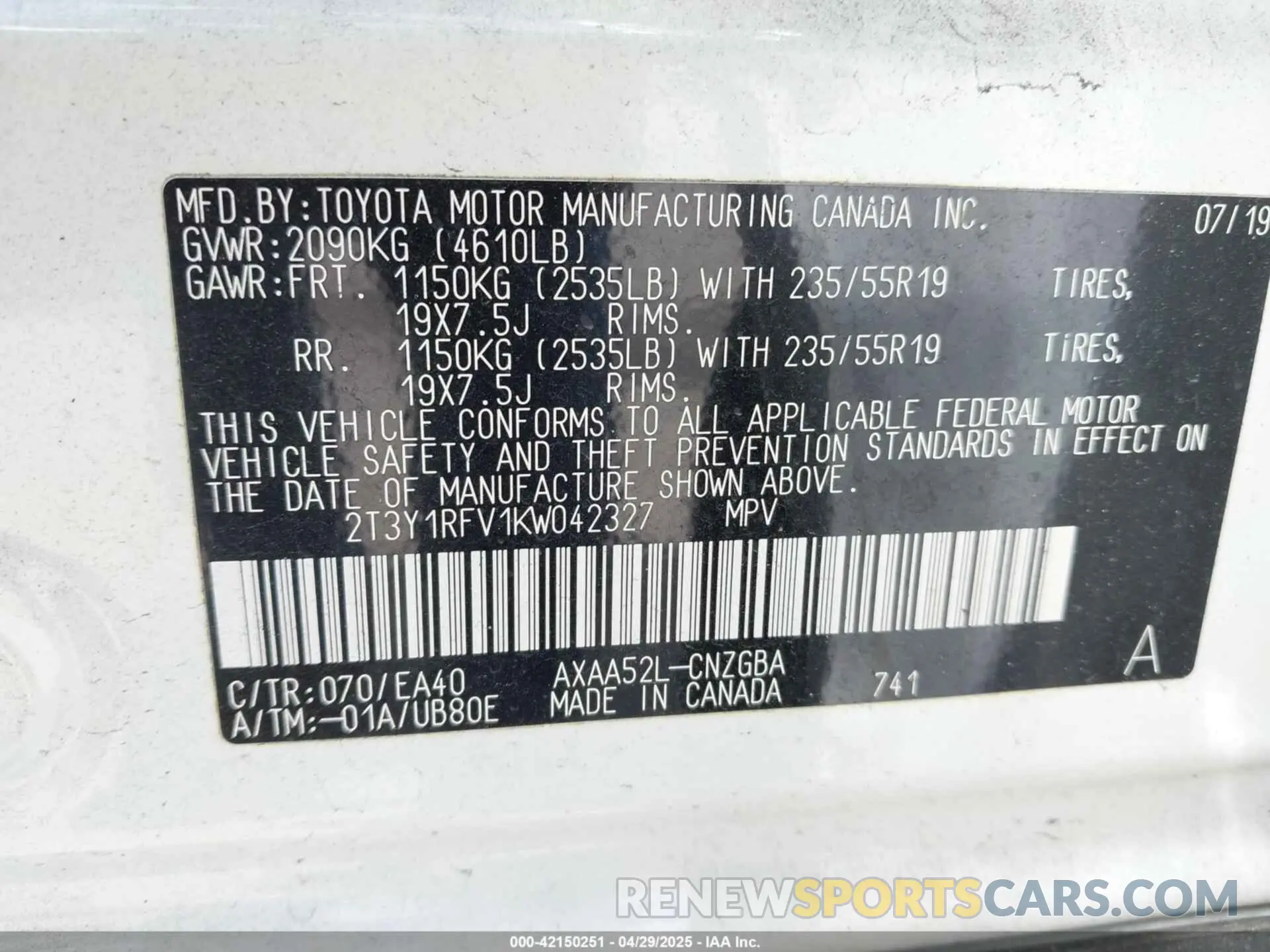 9 Фотография поврежденного автомобиля 2T3Y1RFV1KW042327 TOYOTA RAV4 2019