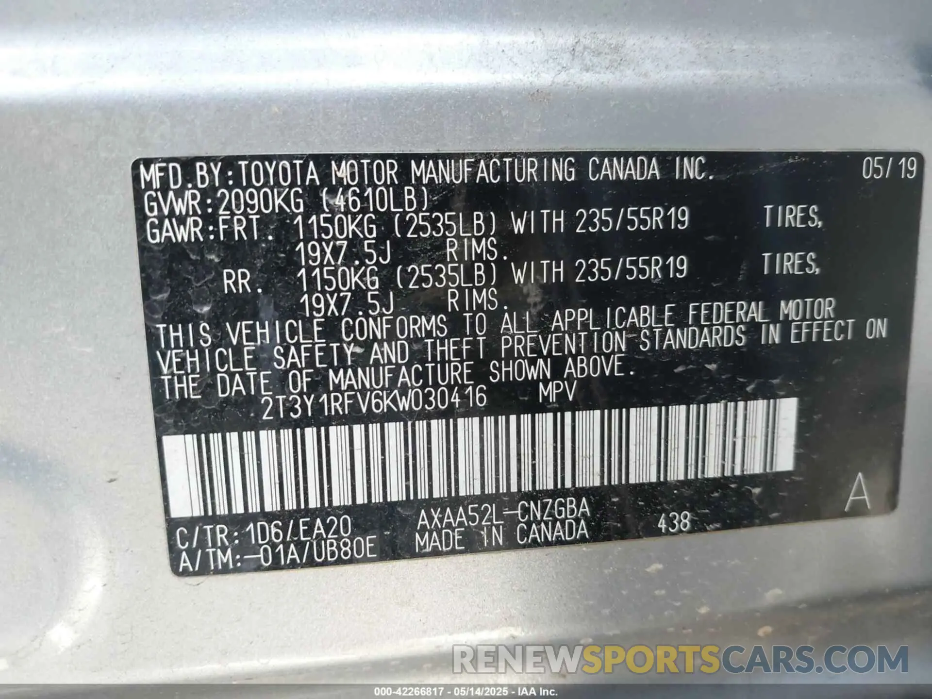 9 Фотография поврежденного автомобиля 2T3Y1RFV6KW030416 TOYOTA RAV4 2019