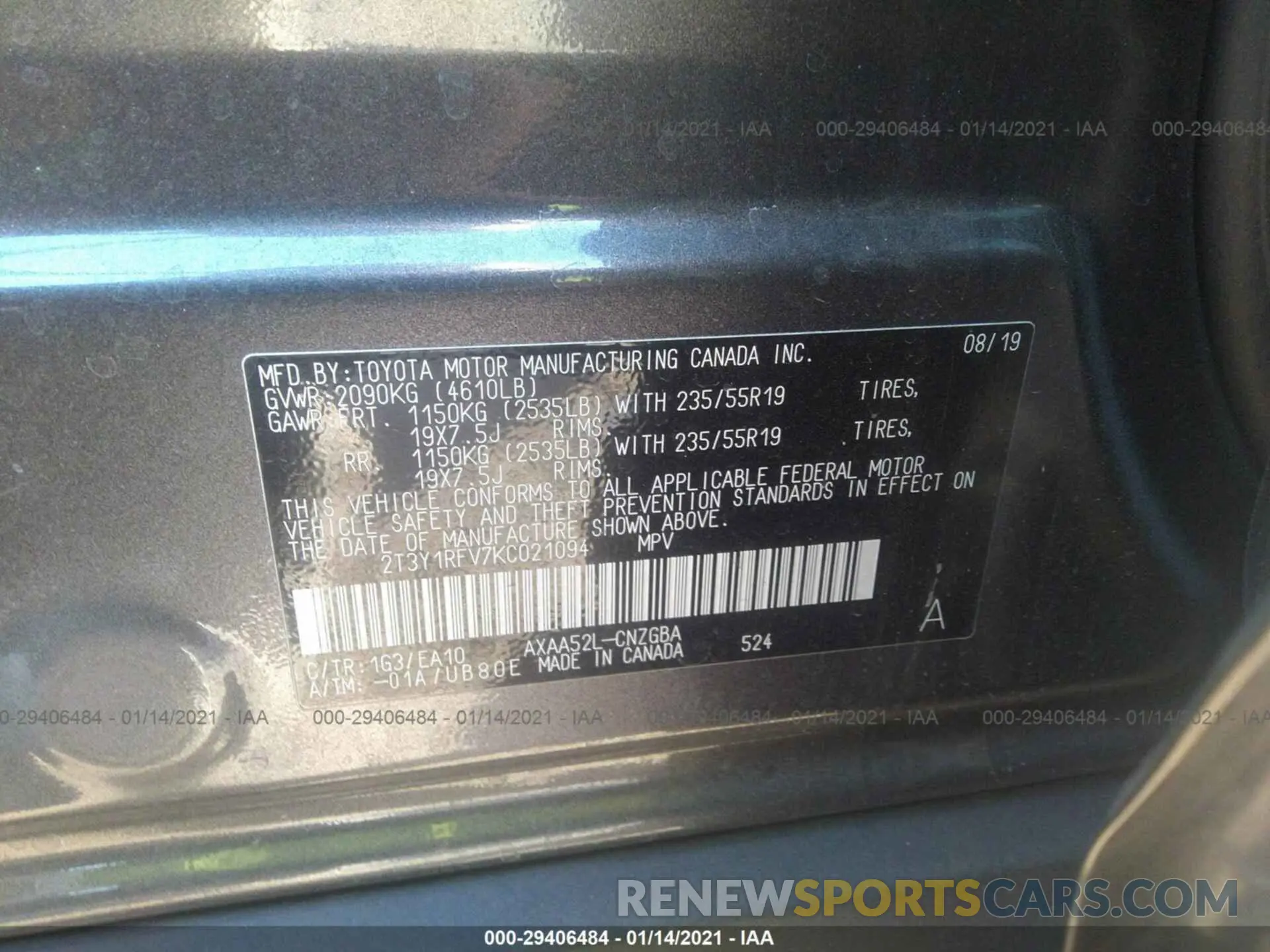 9 Photograph of a damaged car 2T3Y1RFV7KC021094 TOYOTA RAV4 2019