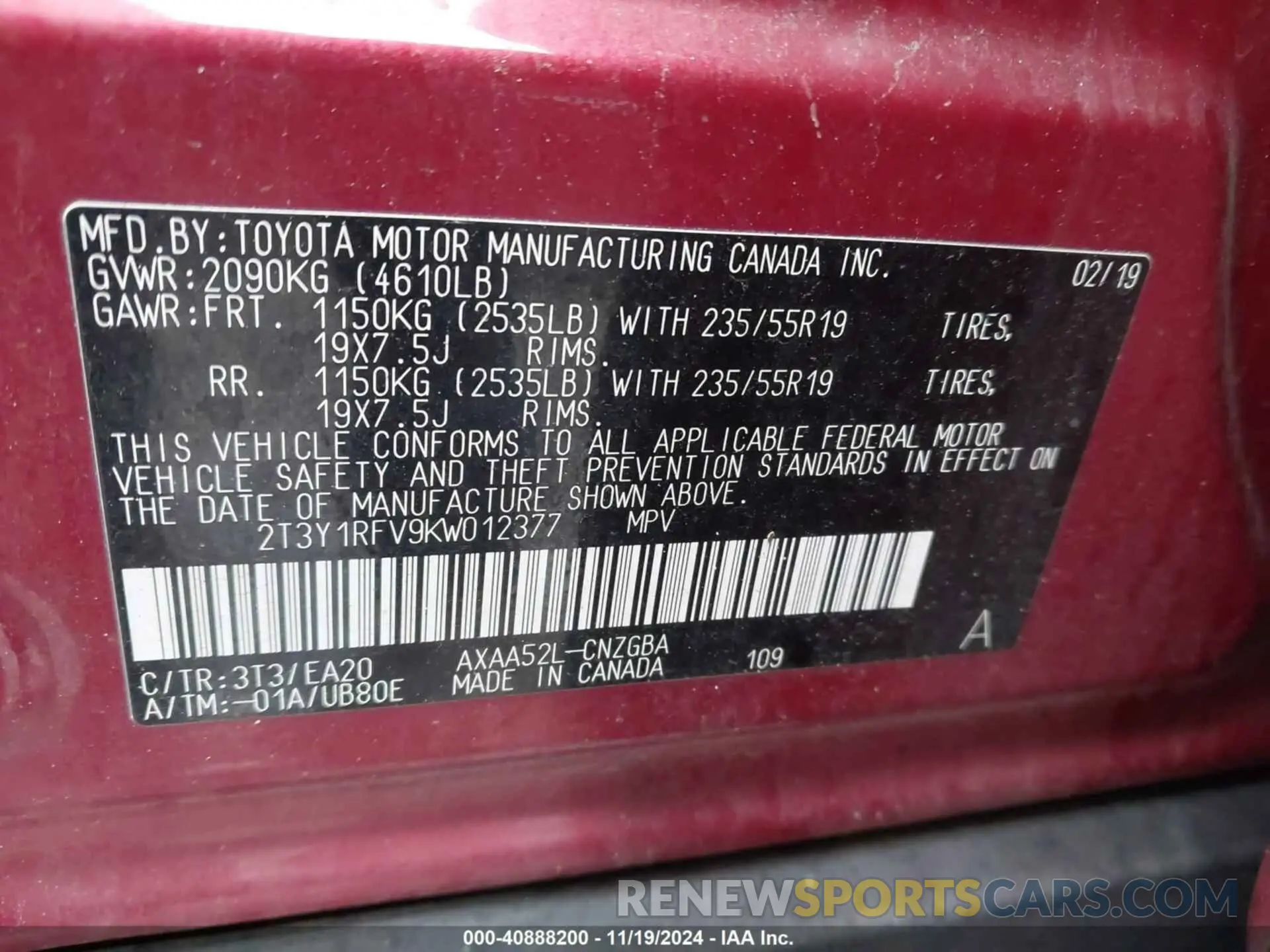 9 Photograph of a damaged car 2T3Y1RFV9KW012377 TOYOTA RAV4 2019