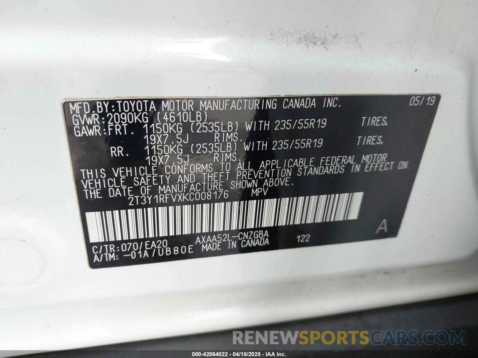 9 Фотография поврежденного автомобиля 2T3Y1RFVXKC008176 TOYOTA RAV4 2019