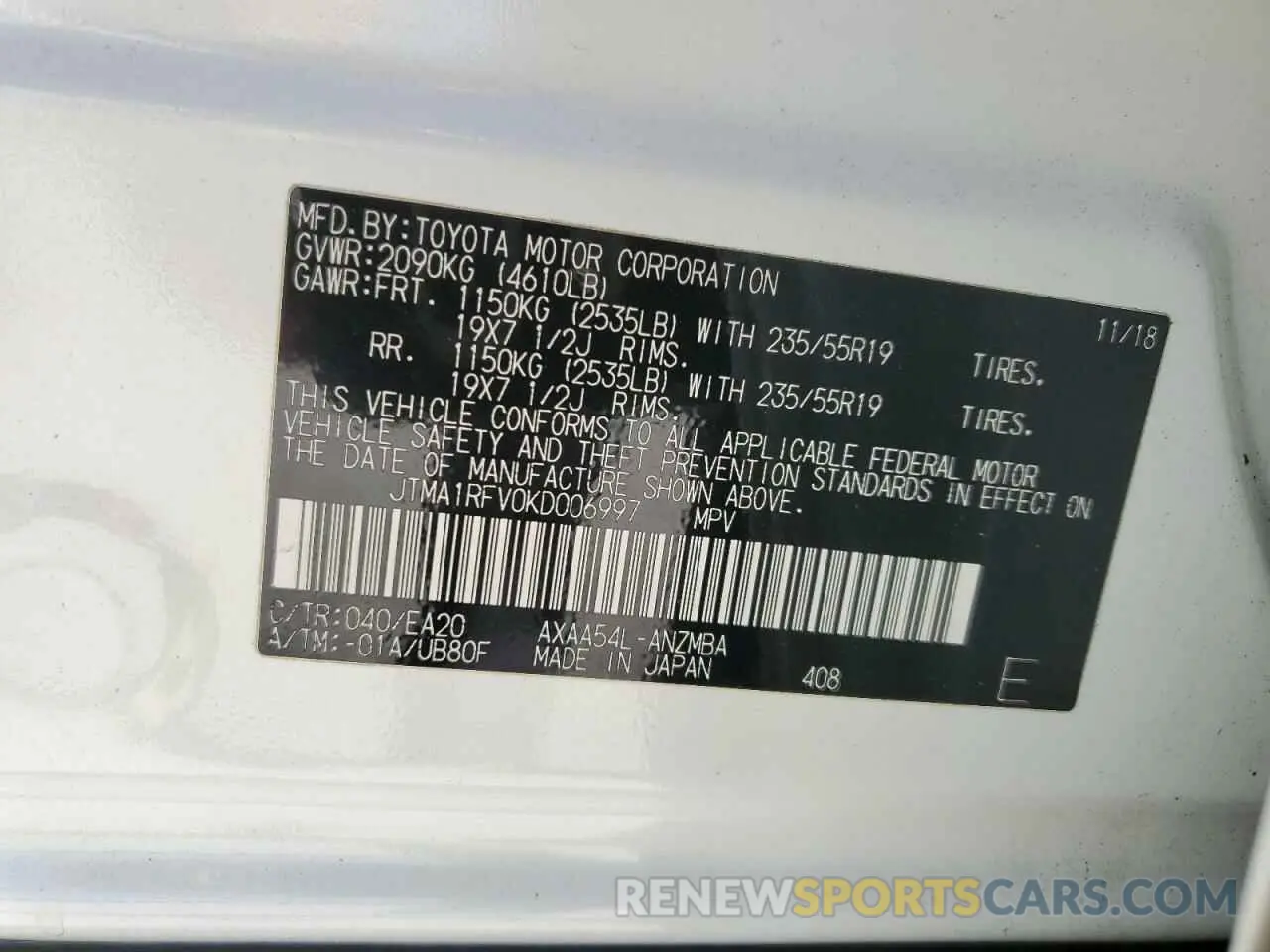 10 Фотография поврежденного автомобиля JTMA1RFV0KD006997 TOYOTA RAV4 2019