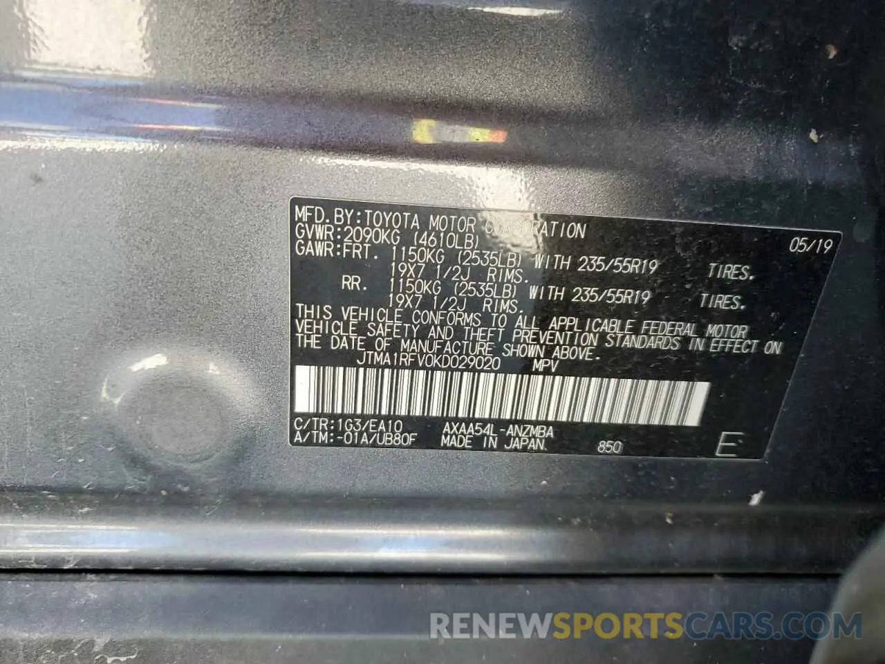 13 Фотография поврежденного автомобиля JTMA1RFV0KD029020 TOYOTA RAV4 2019