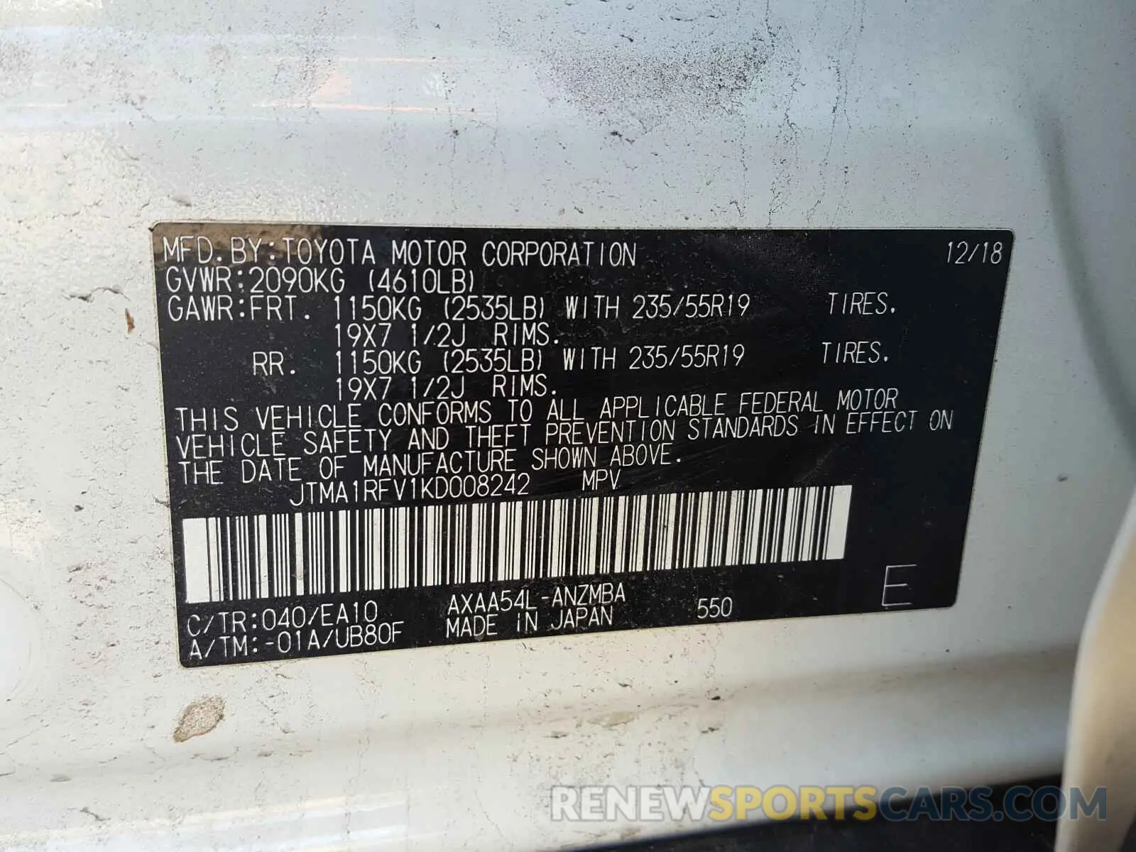 10 Фотография поврежденного автомобиля JTMA1RFV1KD008242 TOYOTA RAV4 2019