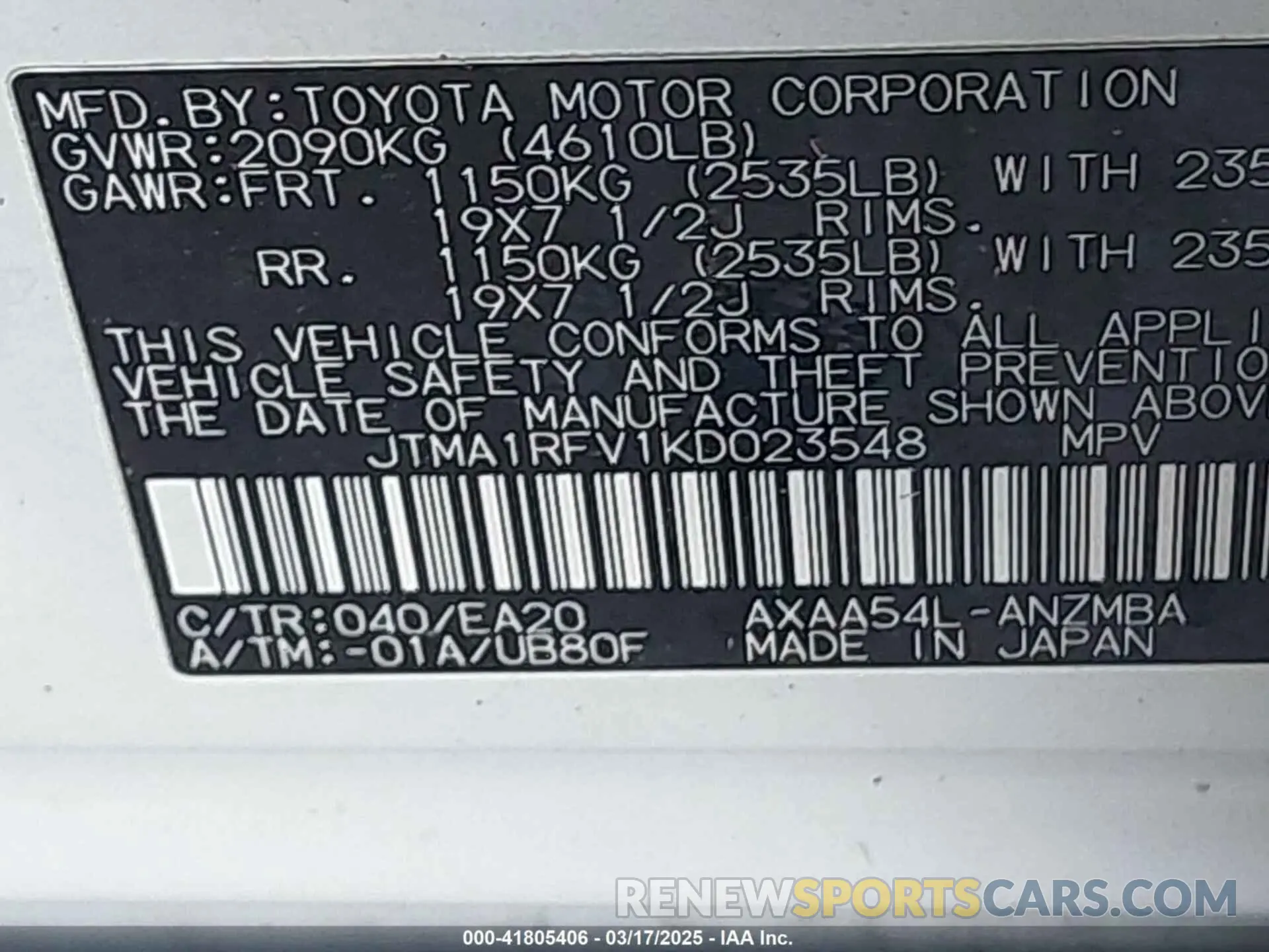 9 Photograph of a damaged car JTMA1RFV1KD023548 TOYOTA RAV4 2019