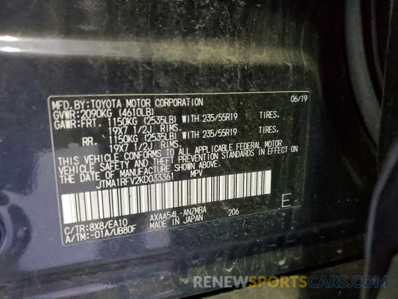 14 Фотография поврежденного автомобиля JTMA1RFV2KD033361 TOYOTA RAV4 2019