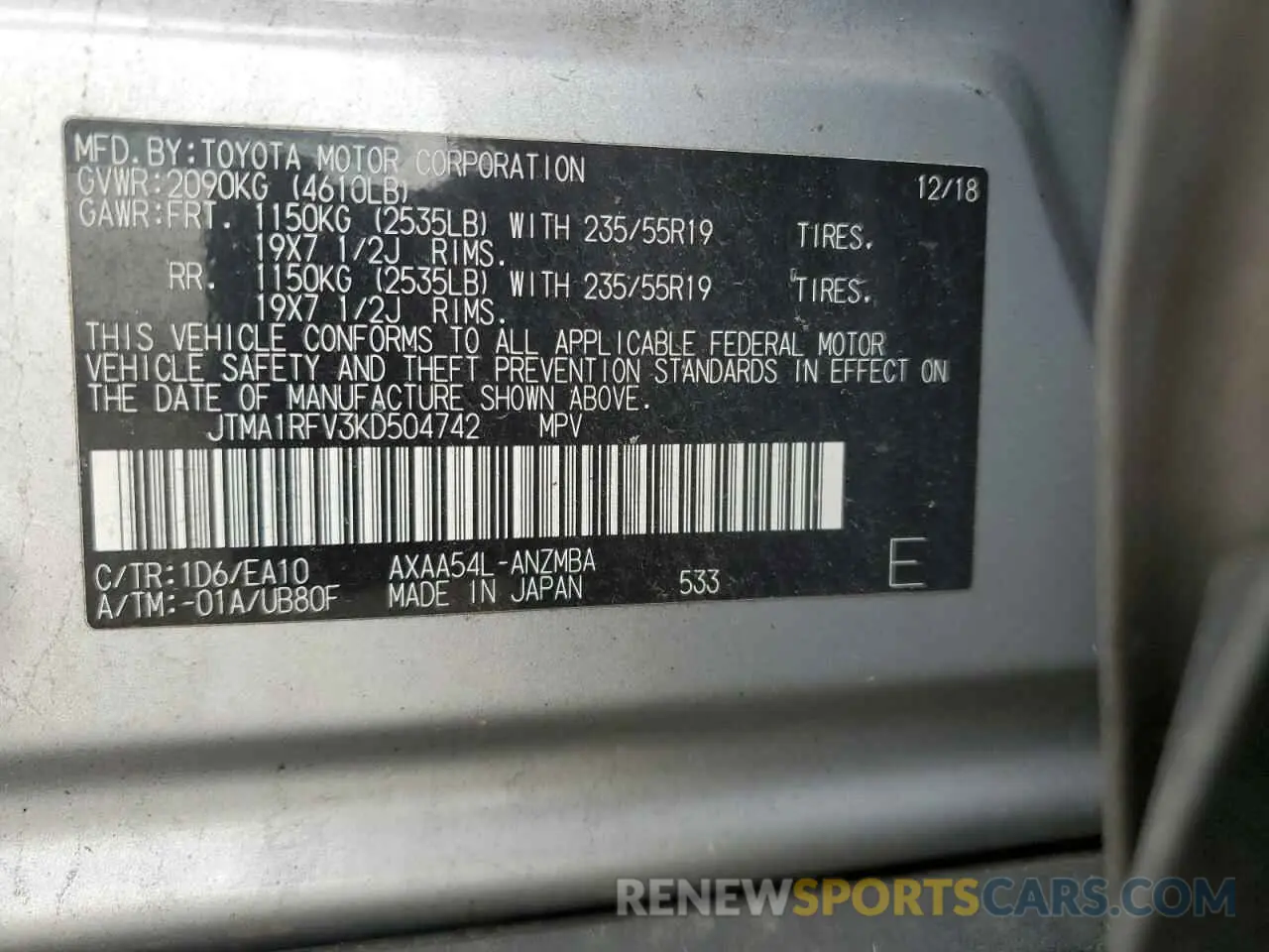 13 Фотография поврежденного автомобиля JTMA1RFV3KD504742 TOYOTA RAV4 2019