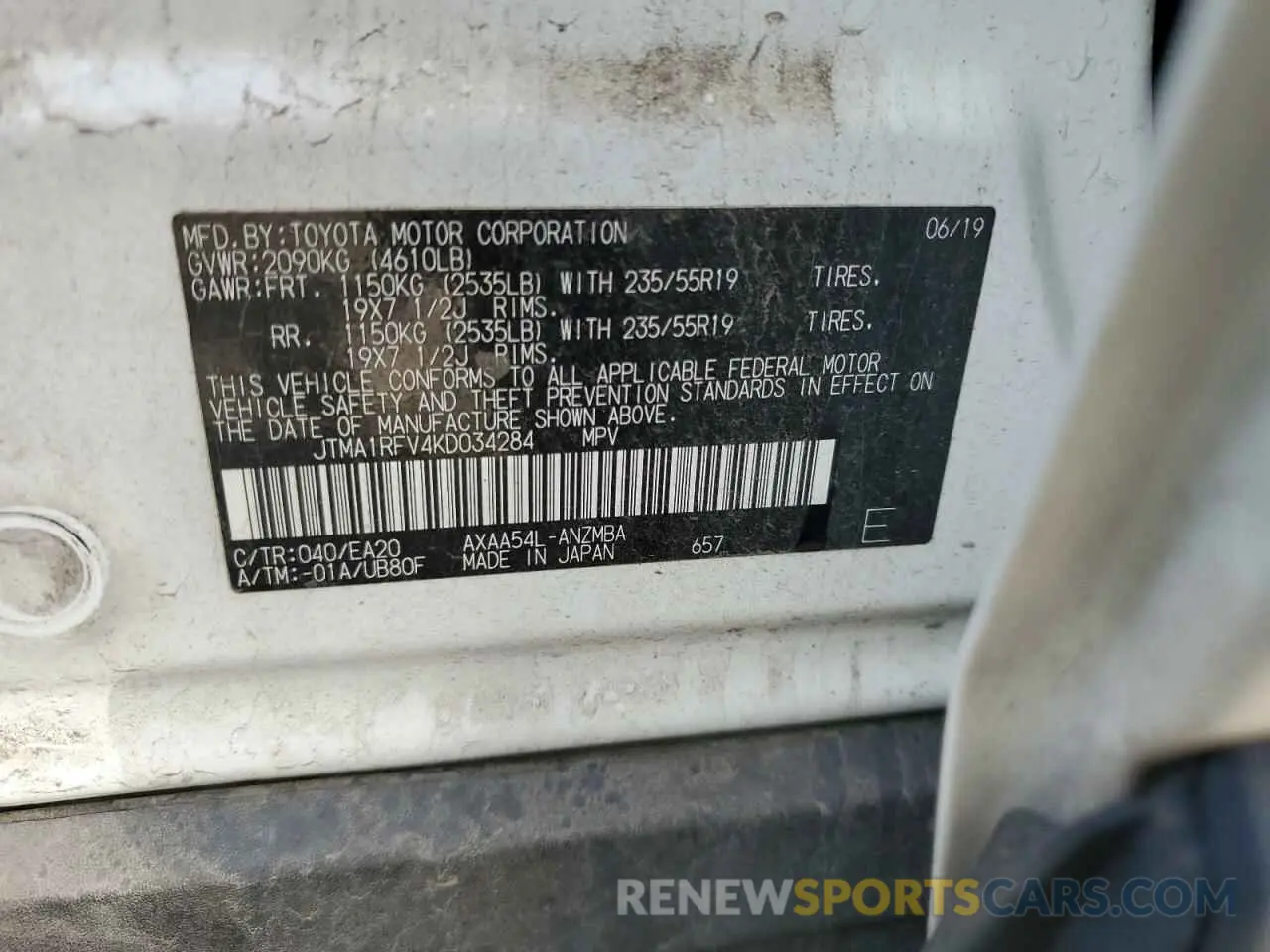 10 Фотография поврежденного автомобиля JTMA1RFV4KD034284 TOYOTA RAV4 2019
