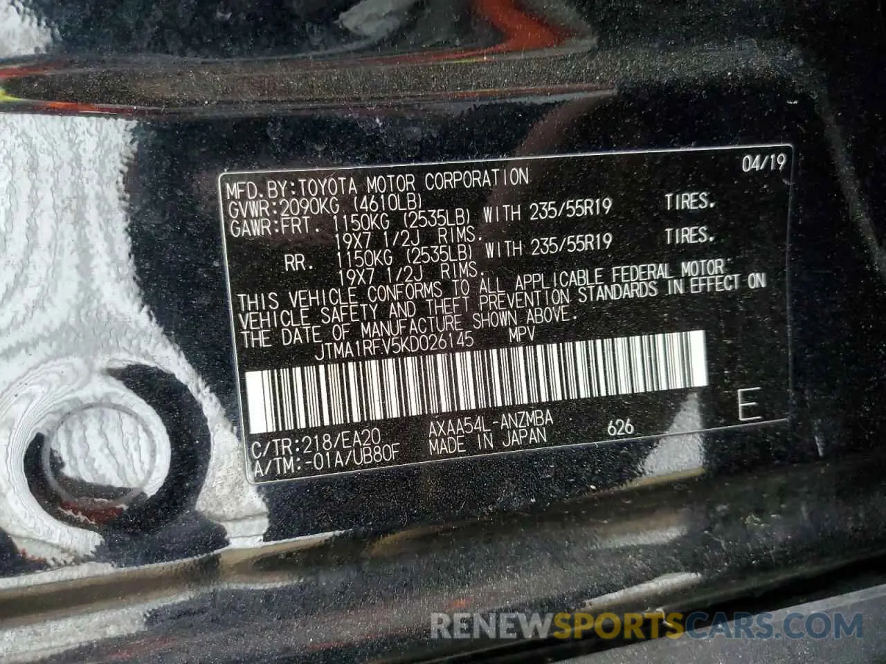 13 Фотография поврежденного автомобиля JTMA1RFV5KD026145 TOYOTA RAV4 2019