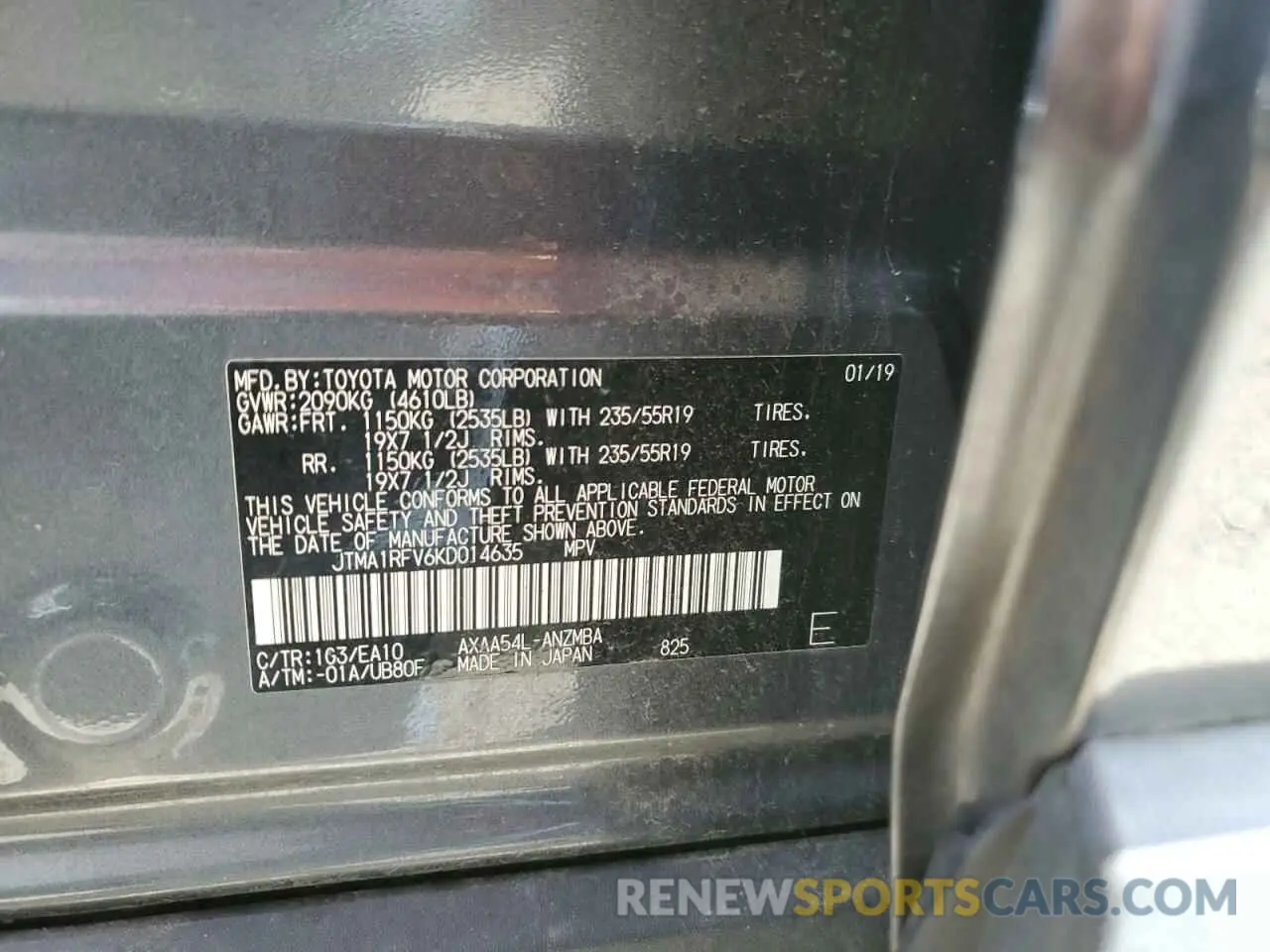 13 Фотография поврежденного автомобиля JTMA1RFV6KD014635 TOYOTA RAV4 2019
