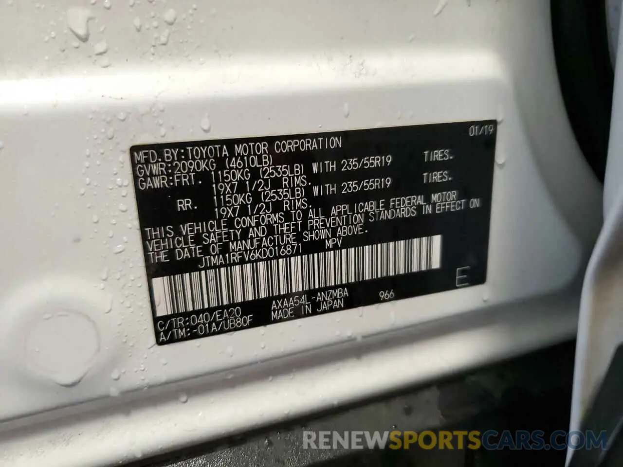 14 Фотография поврежденного автомобиля JTMA1RFV6KD016871 TOYOTA RAV4 2019