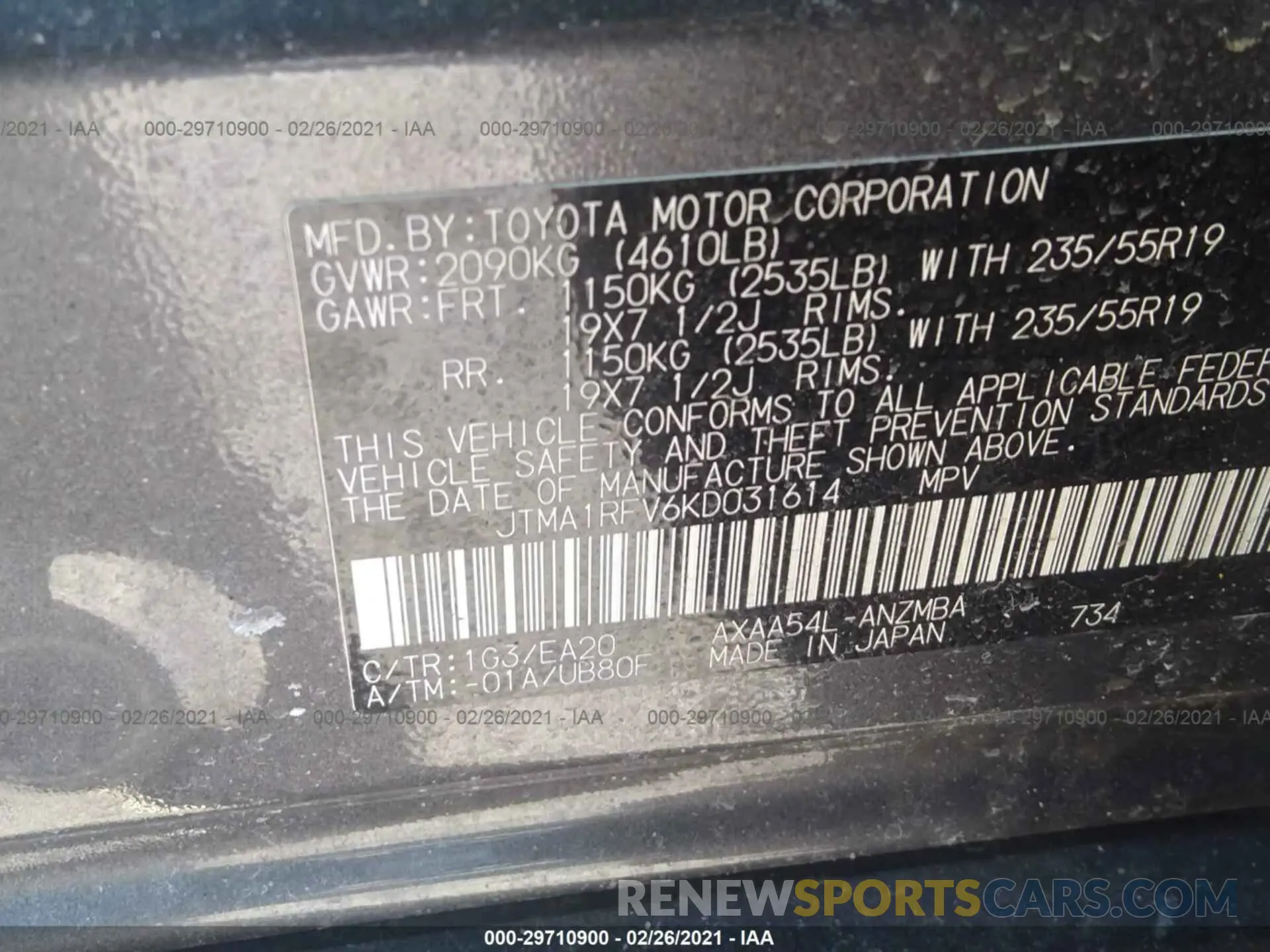 9 Photograph of a damaged car JTMA1RFV6KD031614 TOYOTA RAV4 2019