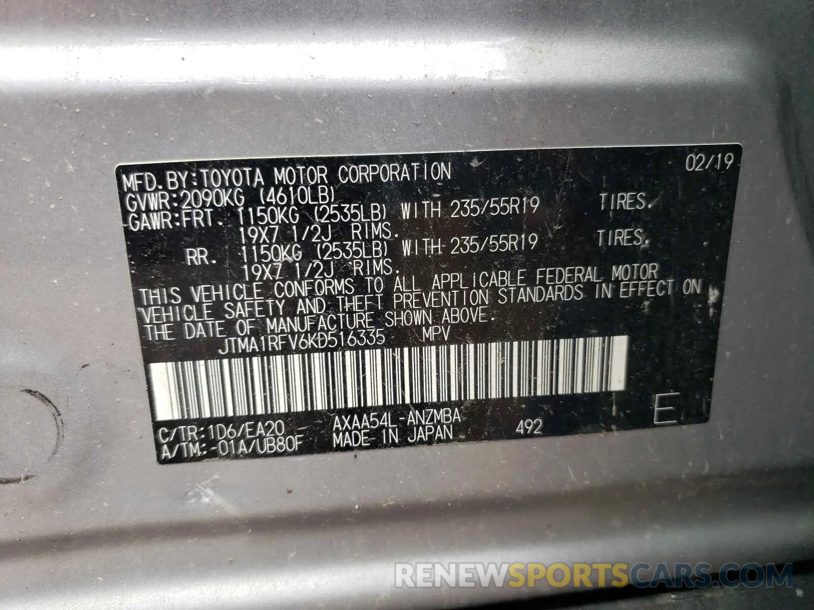 10 Photograph of a damaged car JTMA1RFV6KD516335 TOYOTA RAV4 2019