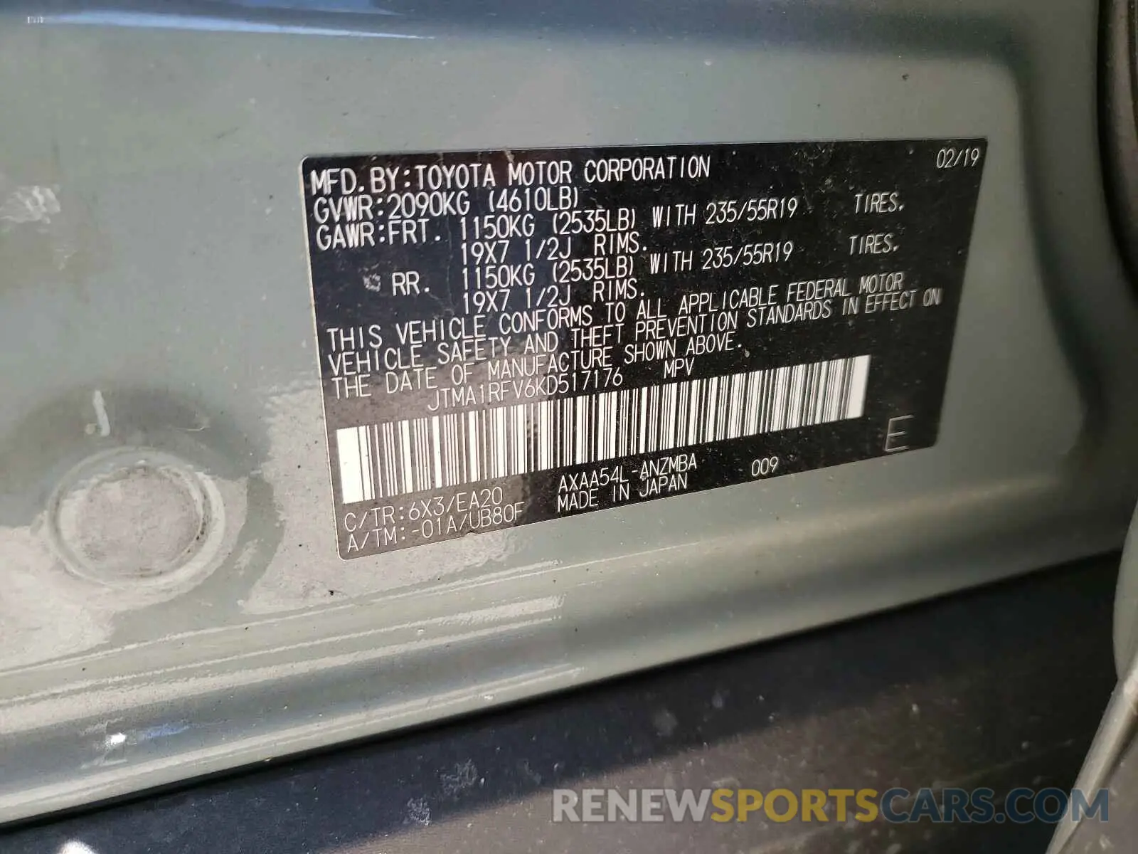 10 Photograph of a damaged car JTMA1RFV6KD517176 TOYOTA RAV4 2019