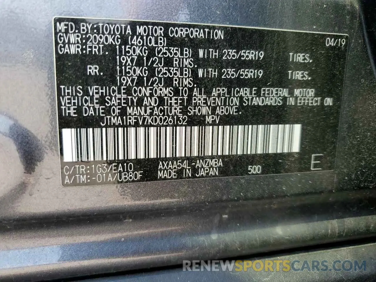 13 Фотография поврежденного автомобиля JTMA1RFV7KD026132 TOYOTA RAV4 2019