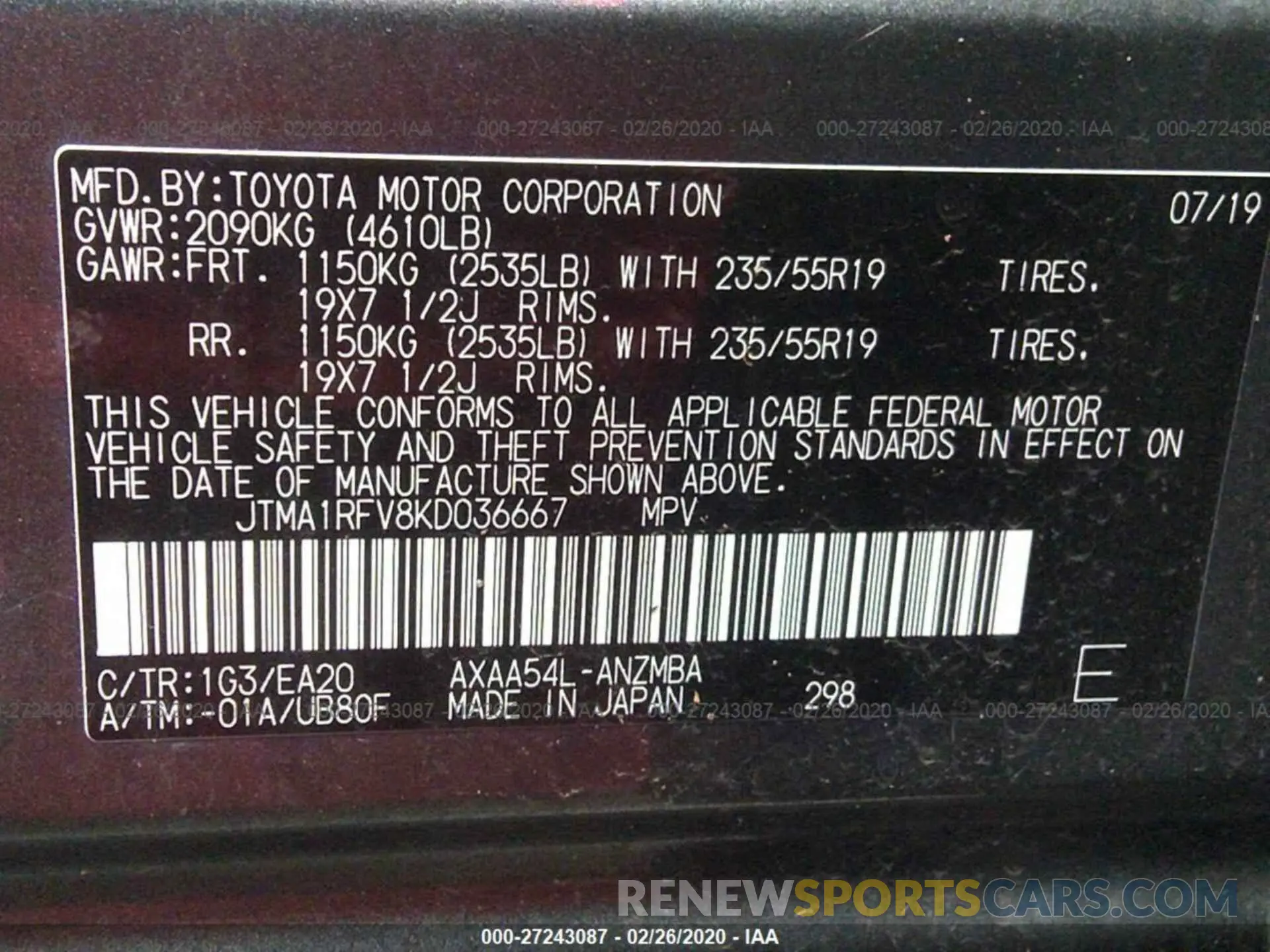 9 Photograph of a damaged car JTMA1RFV8KD036667 TOYOTA RAV4 2019