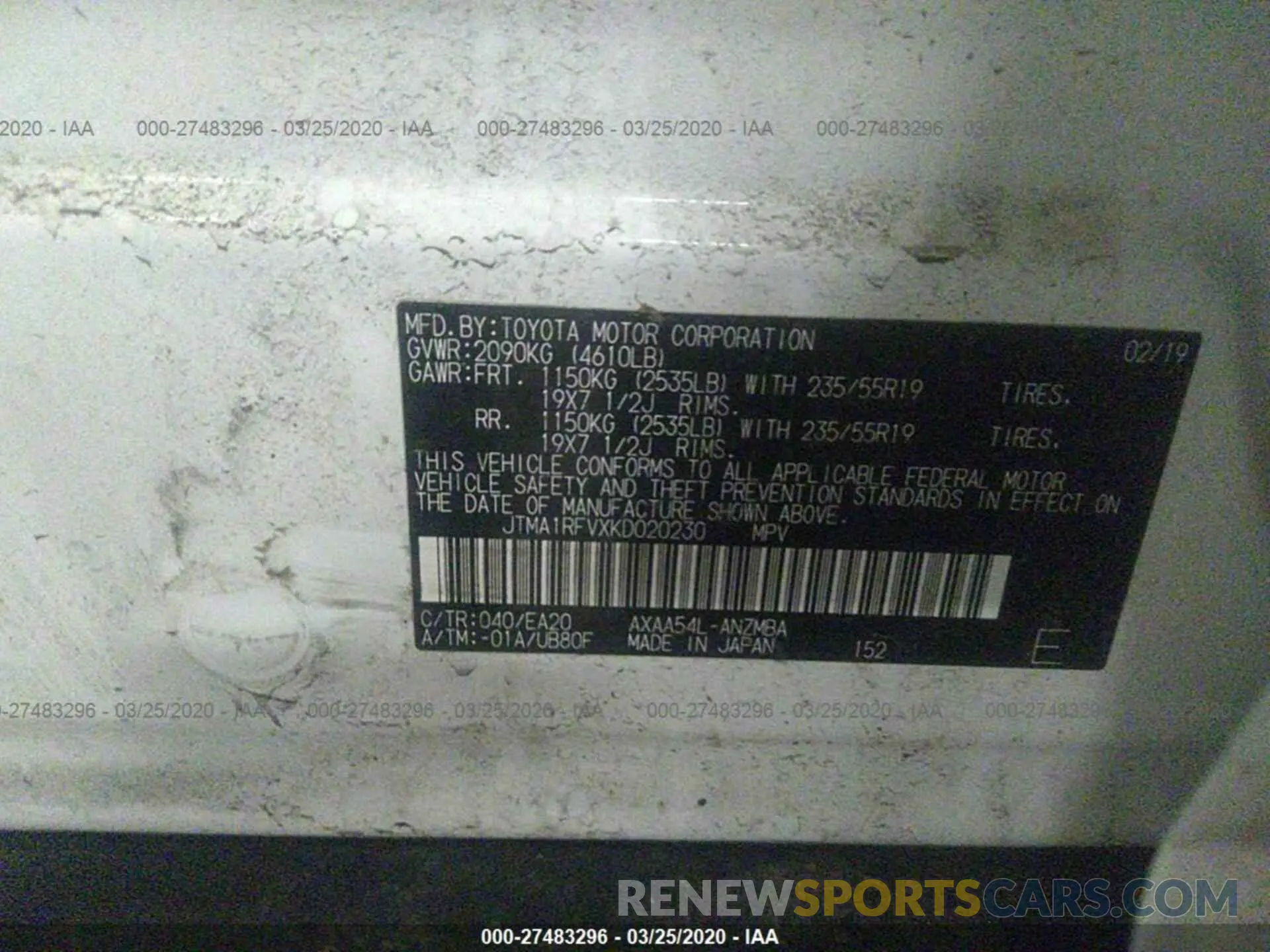 9 Photograph of a damaged car JTMA1RFVXKD020230 TOYOTA RAV4 2019