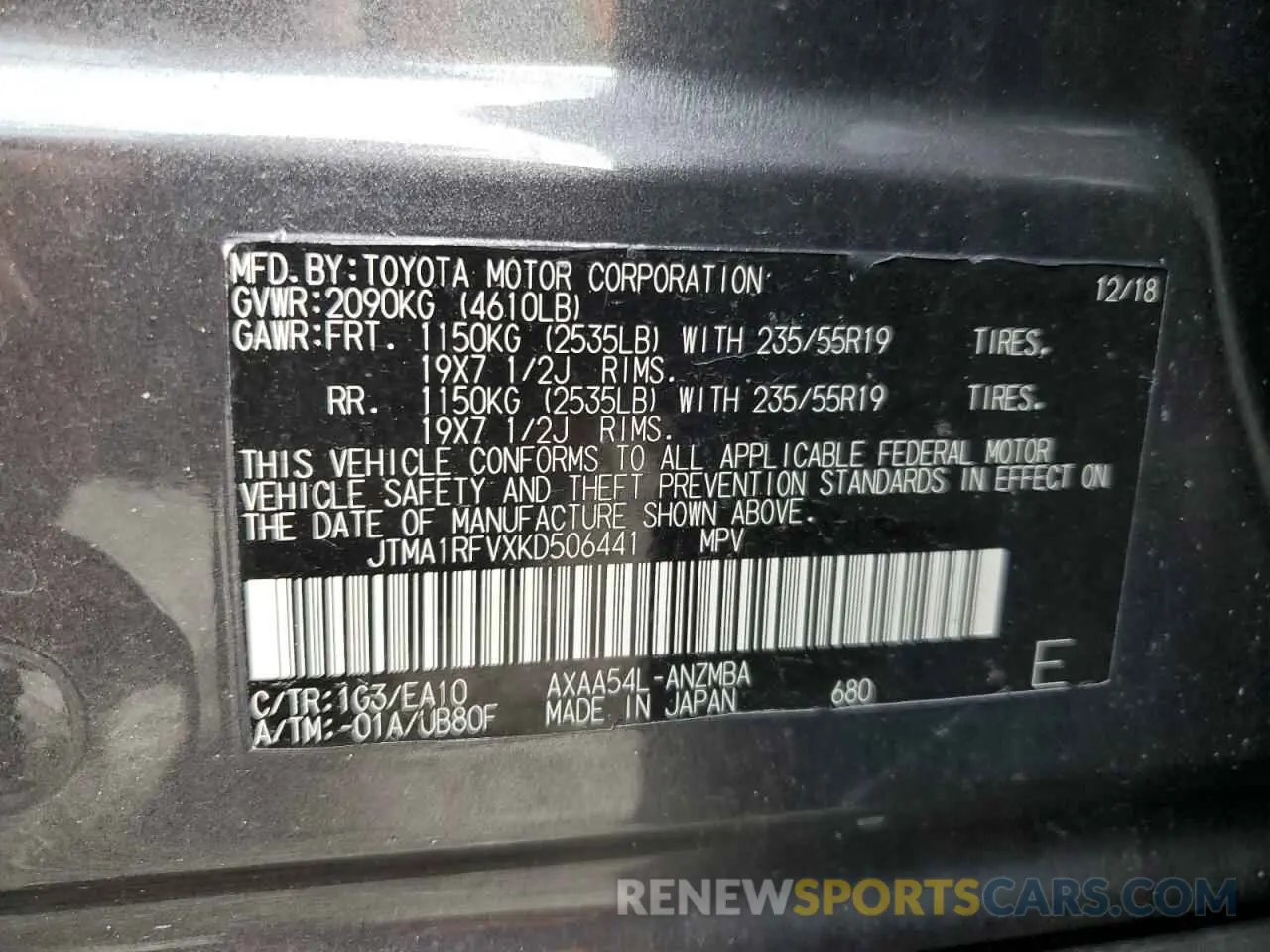 13 Фотография поврежденного автомобиля JTMA1RFVXKD506441 TOYOTA RAV4 2019
