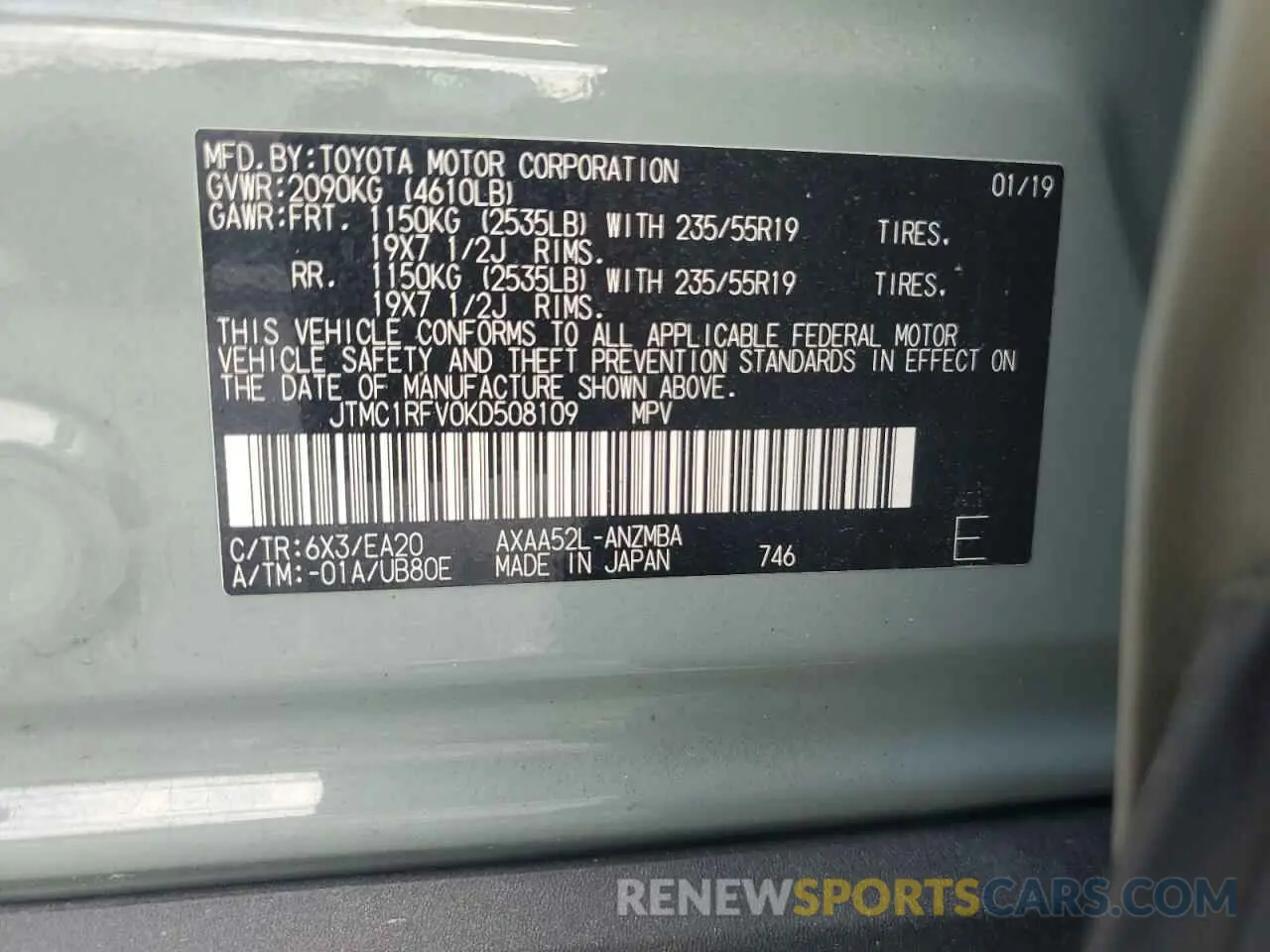 12 Фотография поврежденного автомобиля JTMC1RFV0KD508109 TOYOTA RAV4 2019