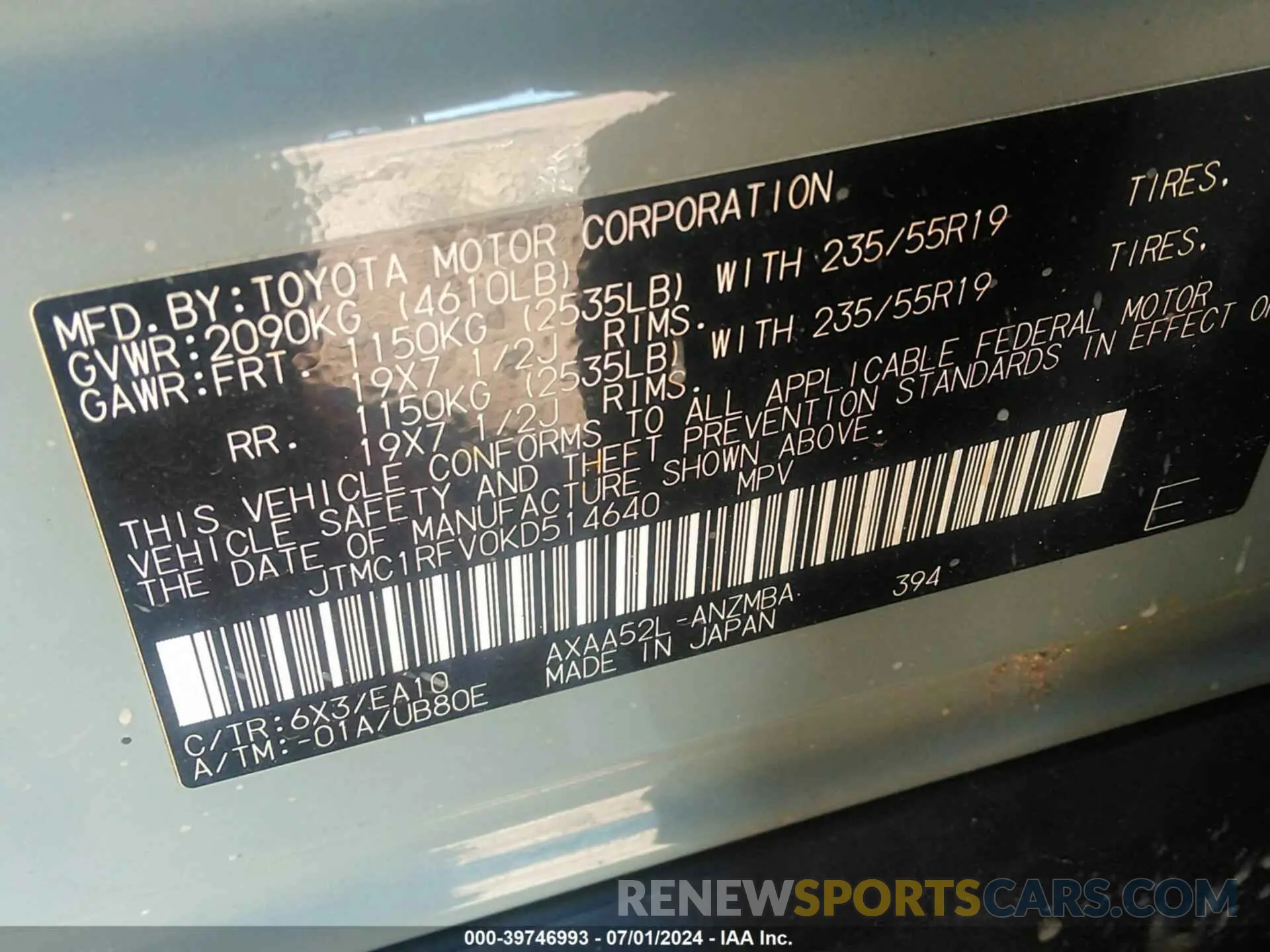 9 Photograph of a damaged car JTMC1RFV0KD514640 TOYOTA RAV4 2019