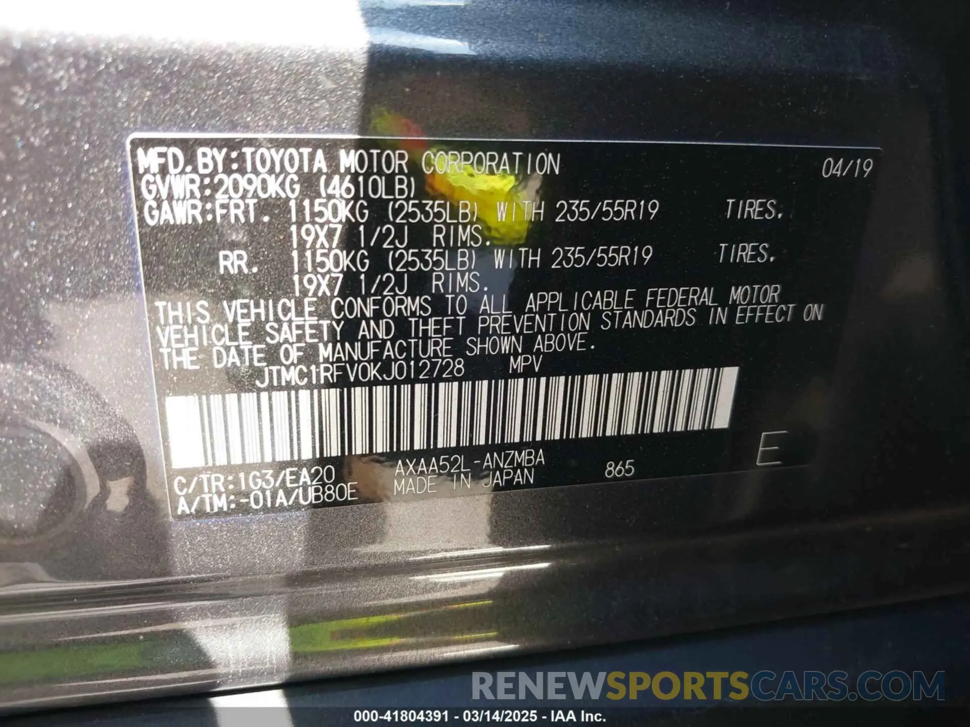 9 Photograph of a damaged car JTMC1RFV0KJ012728 TOYOTA RAV4 2019