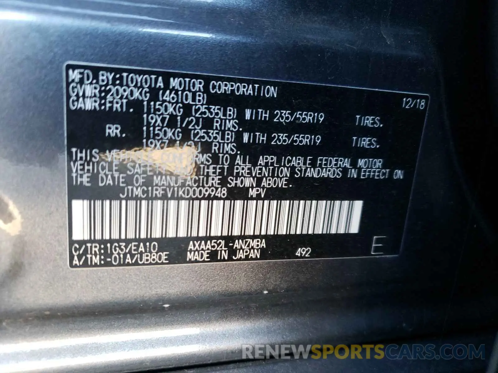 10 Photograph of a damaged car JTMC1RFV1KD009948 TOYOTA RAV4 2019