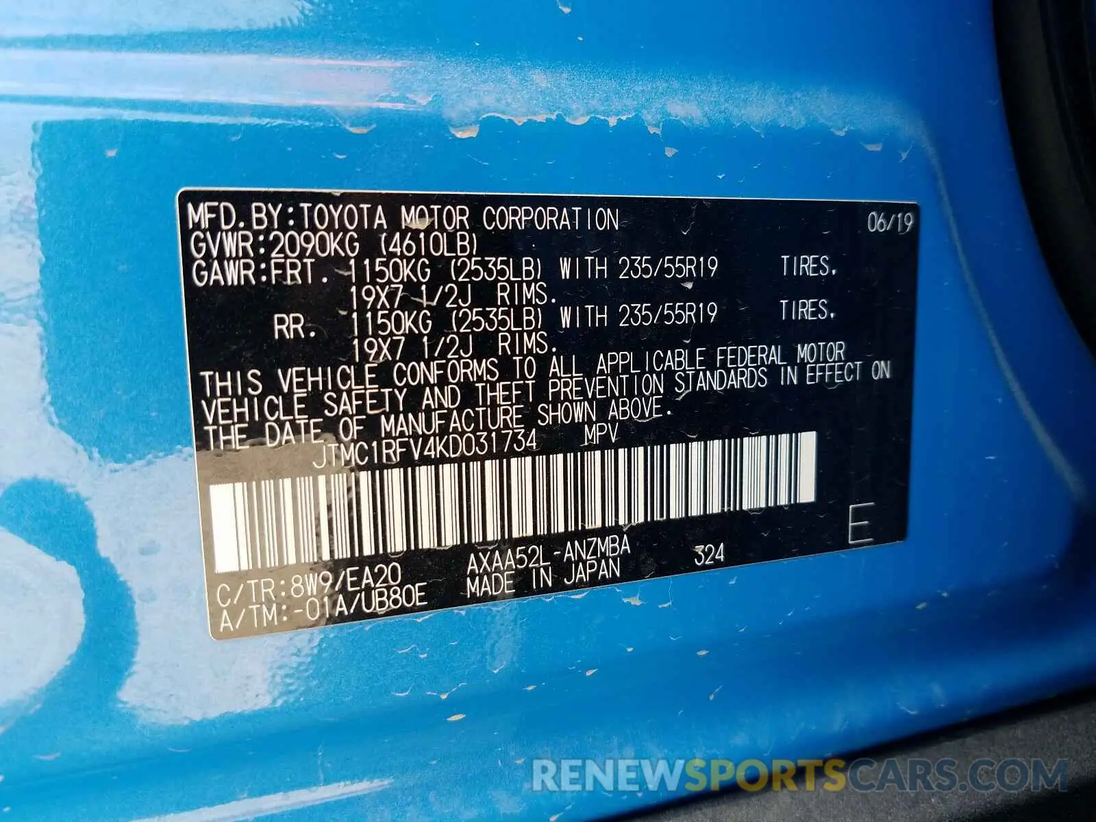 10 Photograph of a damaged car JTMC1RFV4KD031734 TOYOTA RAV4 2019