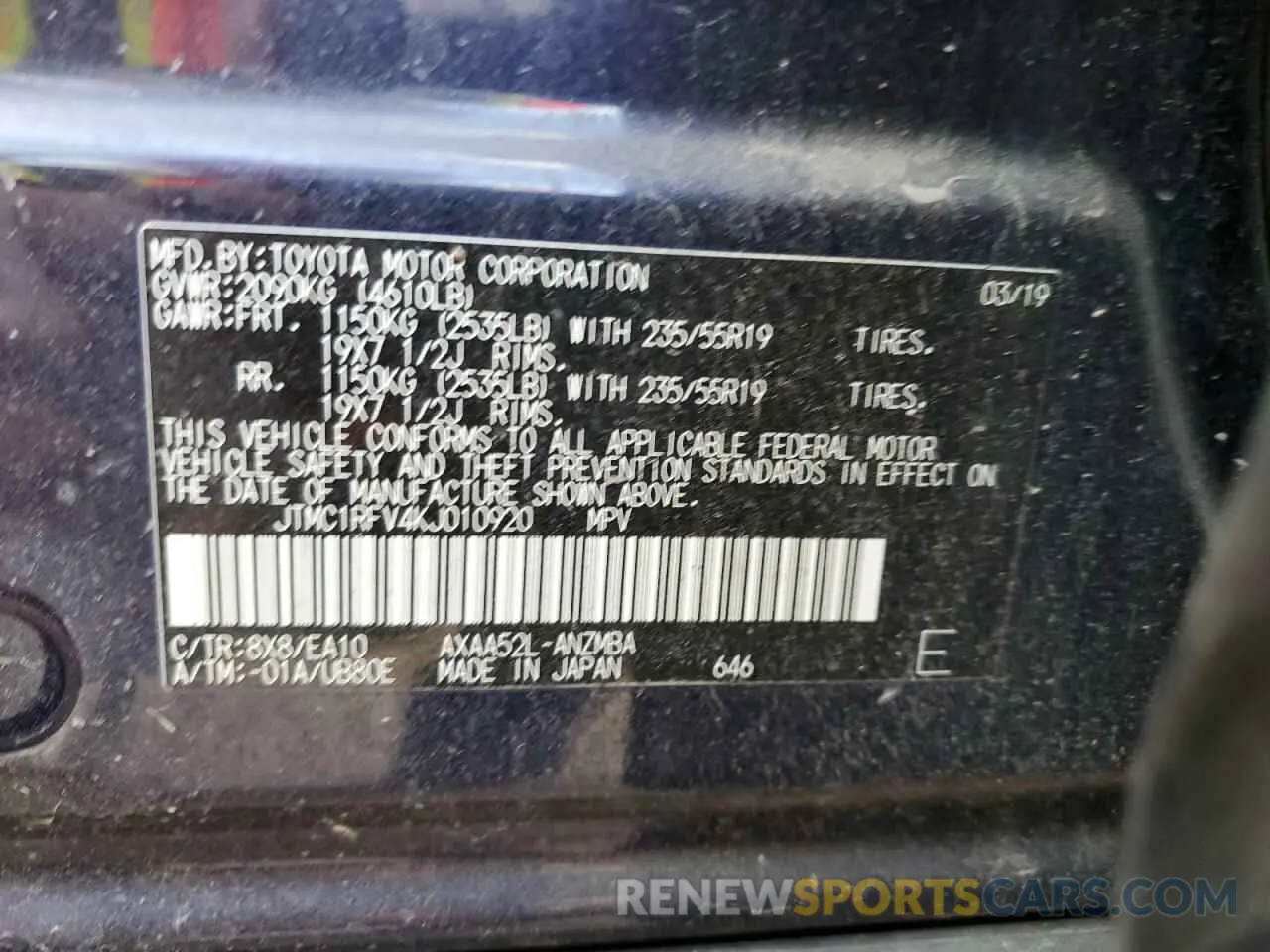 10 Photograph of a damaged car JTMC1RFV4KJ010920 TOYOTA RAV4 2019