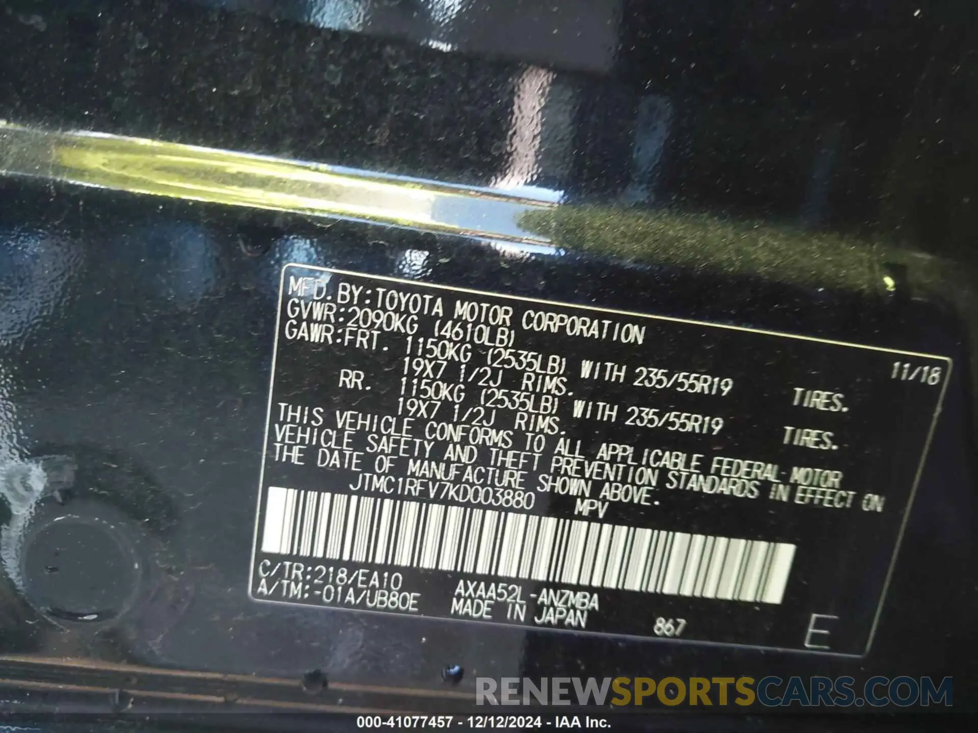 9 Фотография поврежденного автомобиля JTMC1RFV7KD003880 TOYOTA RAV4 2019
