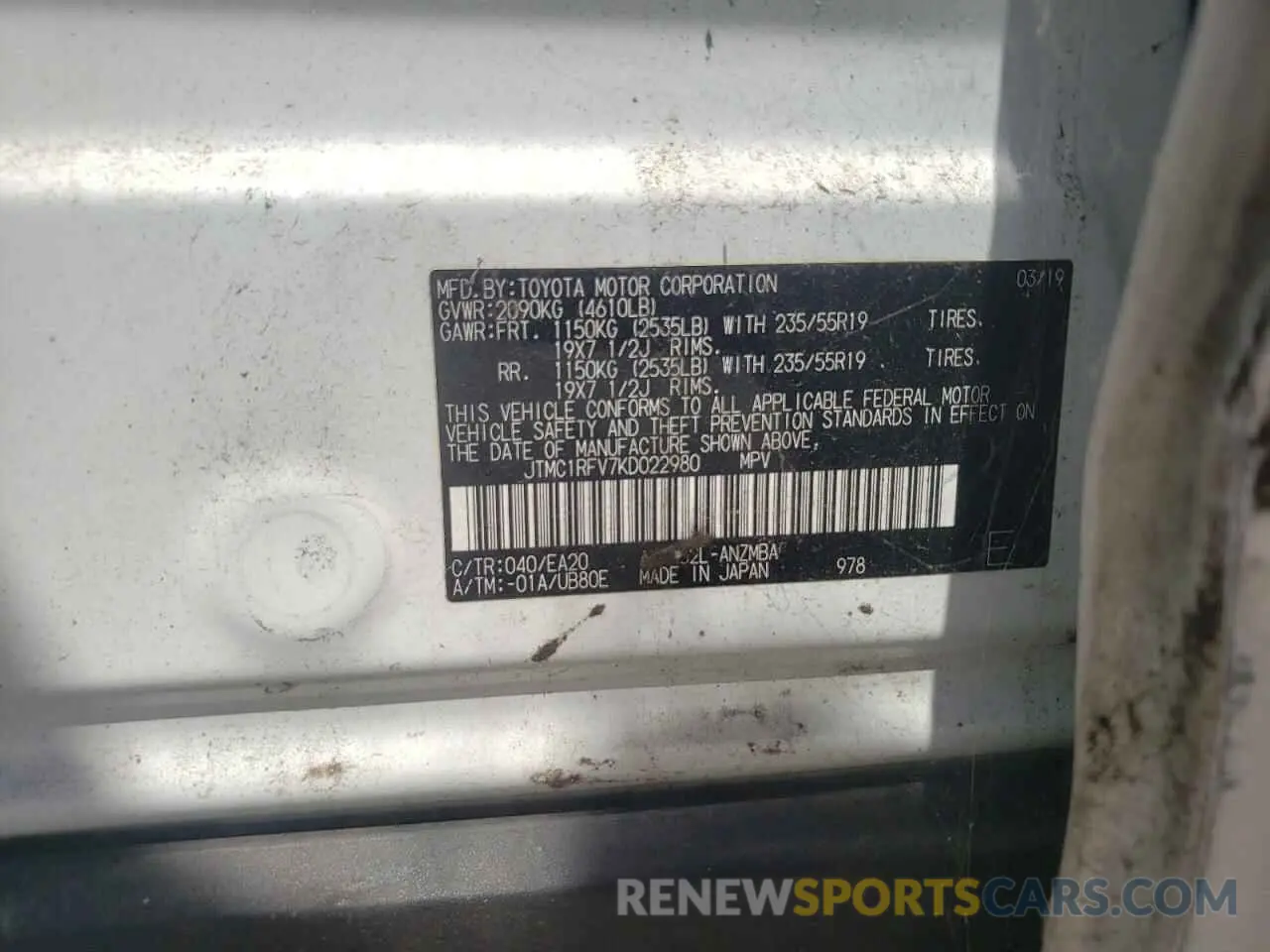 13 Photograph of a damaged car JTMC1RFV7KD022980 TOYOTA RAV4 2019