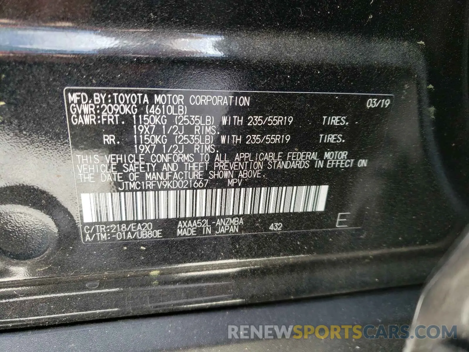 10 Photograph of a damaged car JTMC1RFV9KD021667 TOYOTA RAV4 2019
