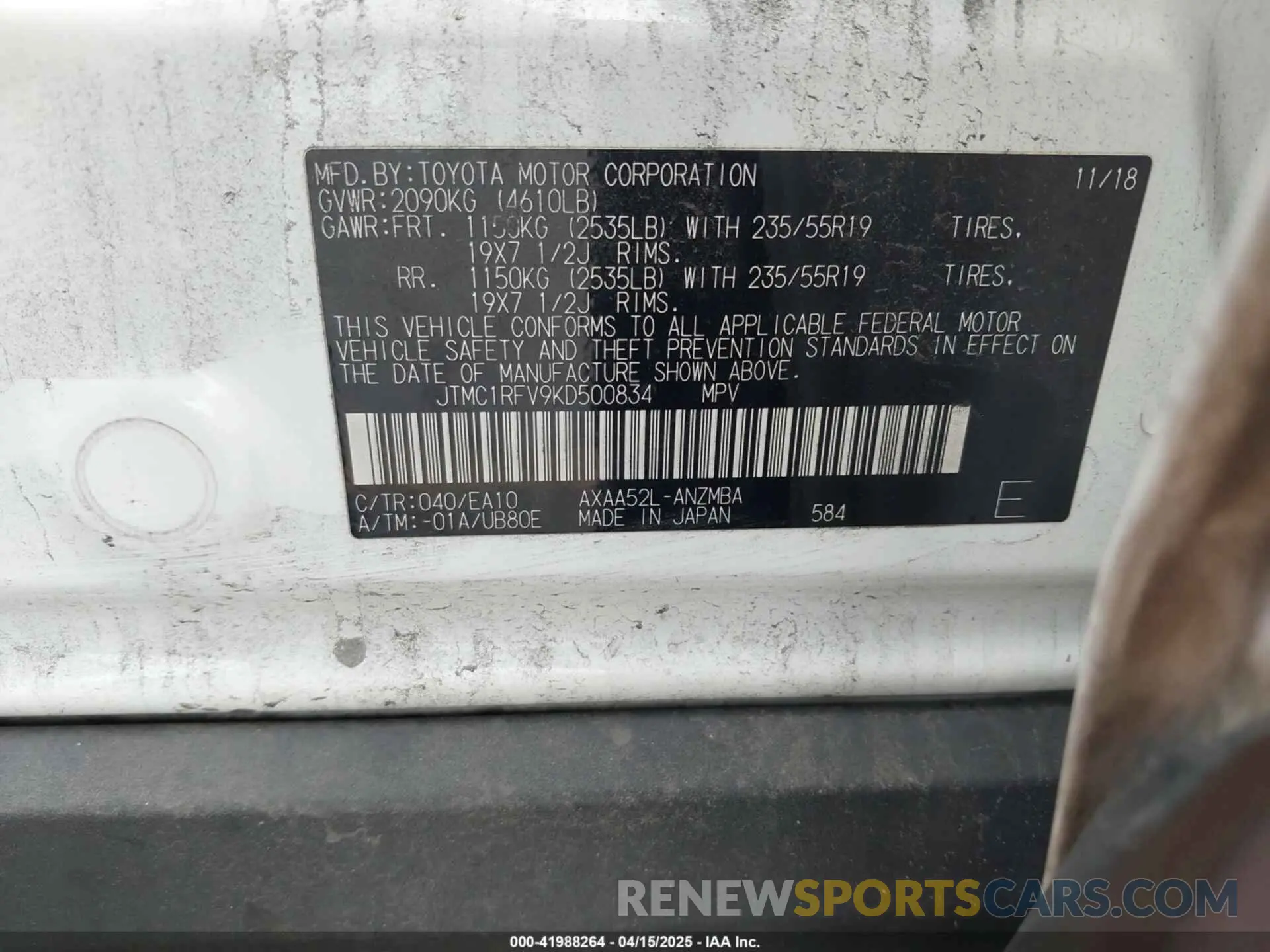 9 Фотография поврежденного автомобиля JTMC1RFV9KD500834 TOYOTA RAV4 2019