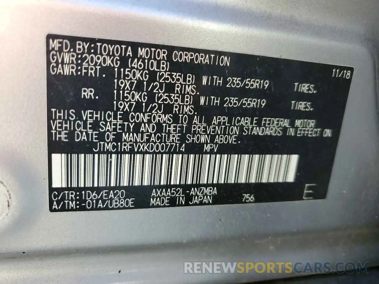 13 Фотография поврежденного автомобиля JTMC1RFVXKD007714 TOYOTA RAV4 2019