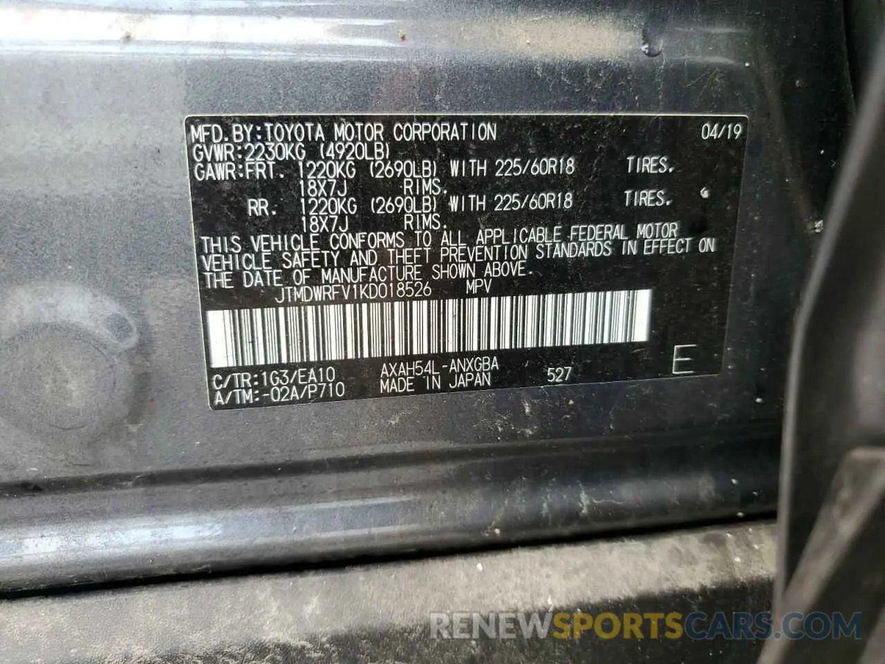 13 Photograph of a damaged car JTMDWRFV1KD018526 TOYOTA RAV4 2019
