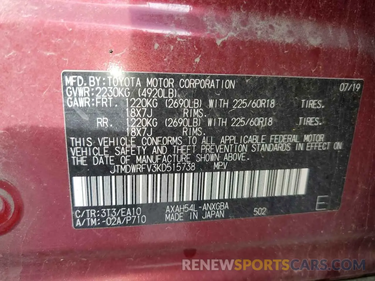 13 Фотография поврежденного автомобиля JTMDWRFV3KD515738 TOYOTA RAV4 2019