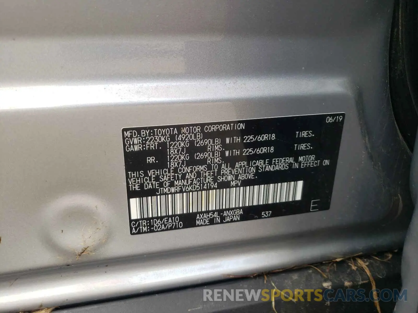 10 Photograph of a damaged car JTMDWRFV6KD514194 TOYOTA RAV4 2019