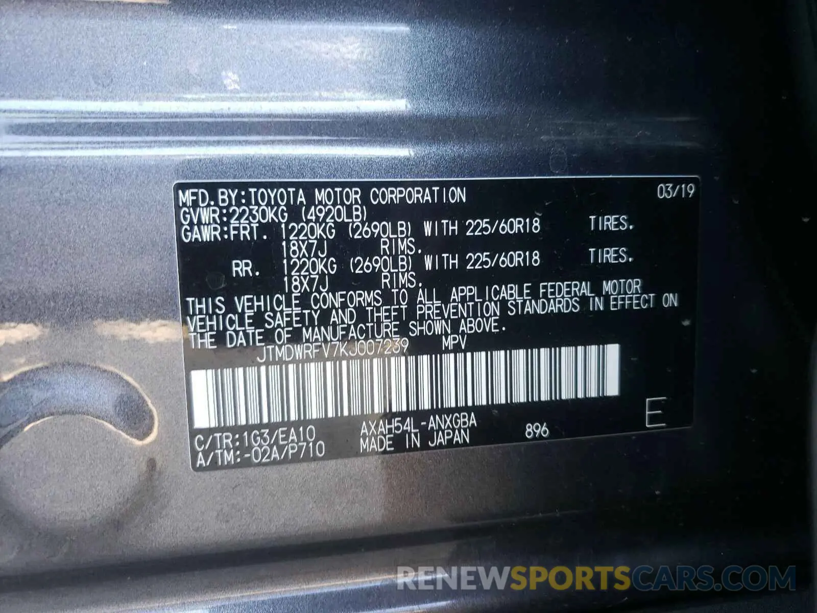 10 Фотография поврежденного автомобиля JTMDWRFV7KJ007239 TOYOTA RAV4 2019