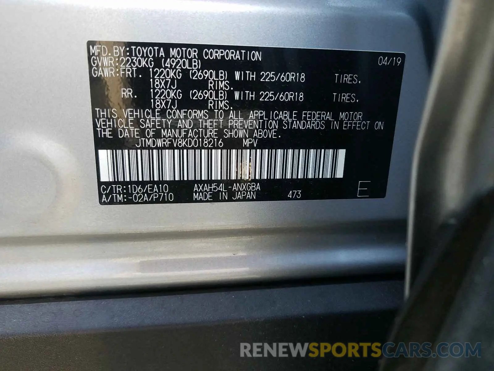 10 Photograph of a damaged car JTMDWRFV8KD018216 TOYOTA RAV4 2019