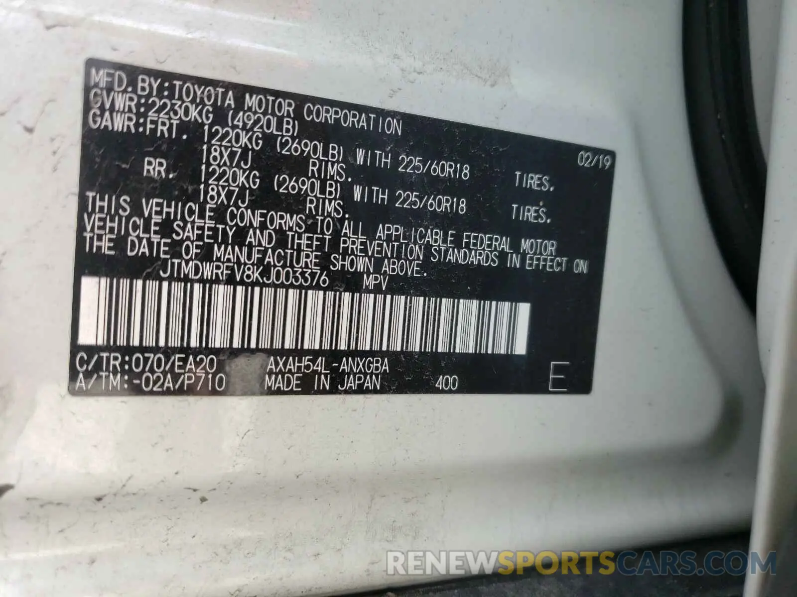 10 Photograph of a damaged car JTMDWRFV8KJ003376 TOYOTA RAV4 2019