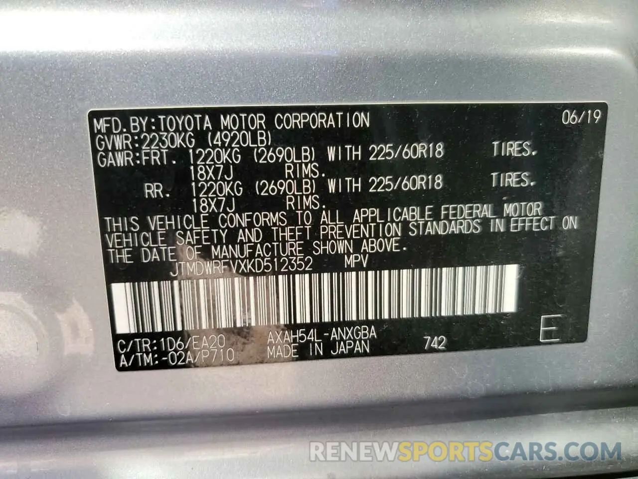 13 Фотография поврежденного автомобиля JTMDWRFVXKD512352 TOYOTA RAV4 2019