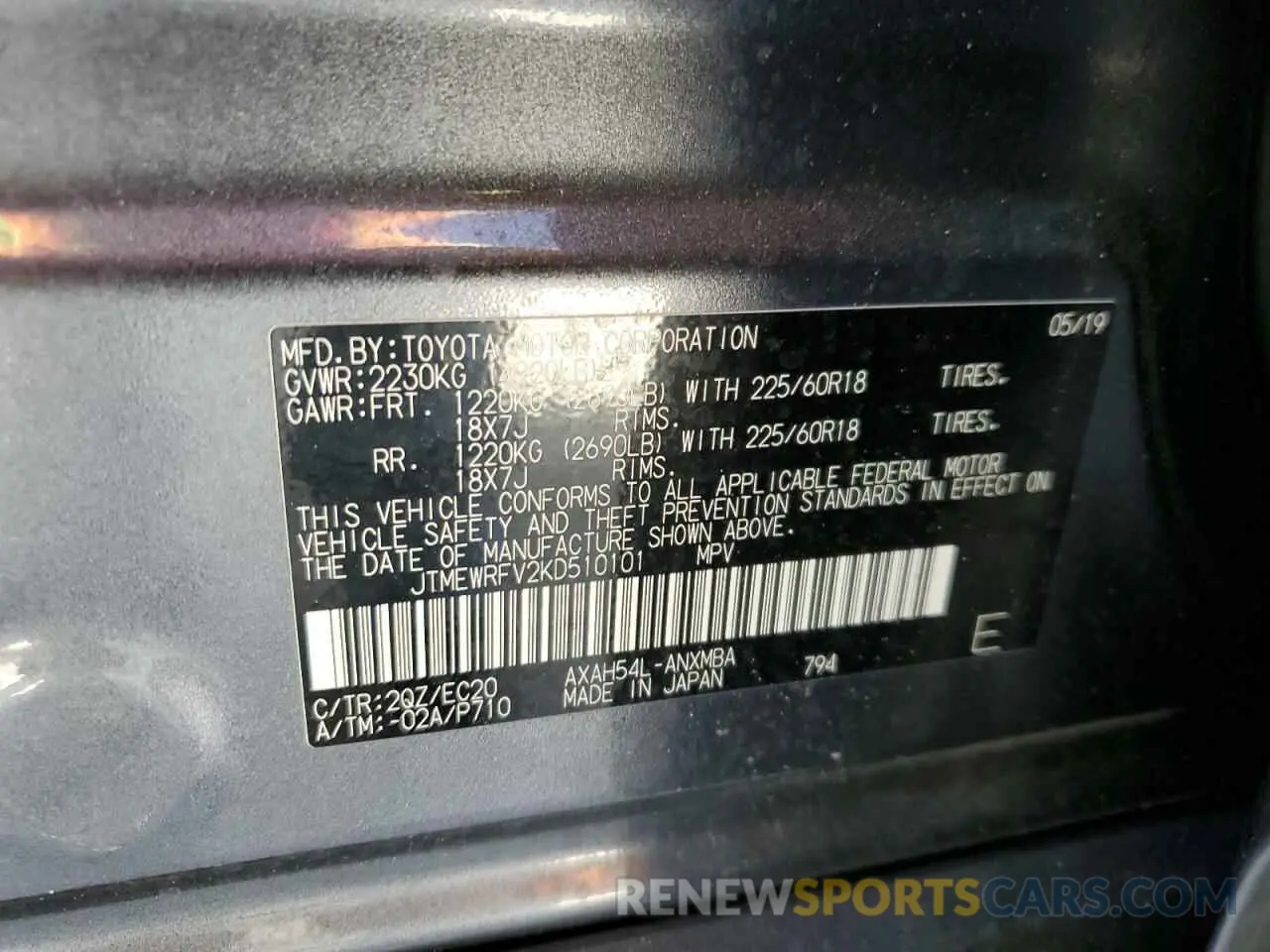 14 Photograph of a damaged car JTMEWRFV2KD510101 TOYOTA RAV4 2019