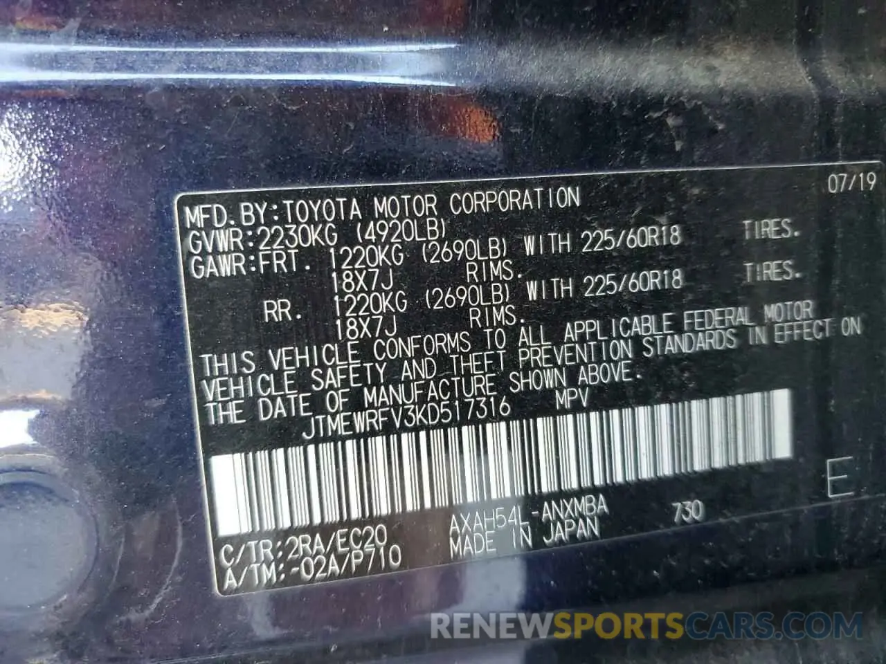 14 Фотография поврежденного автомобиля JTMEWRFV3KD517316 TOYOTA RAV4 2019