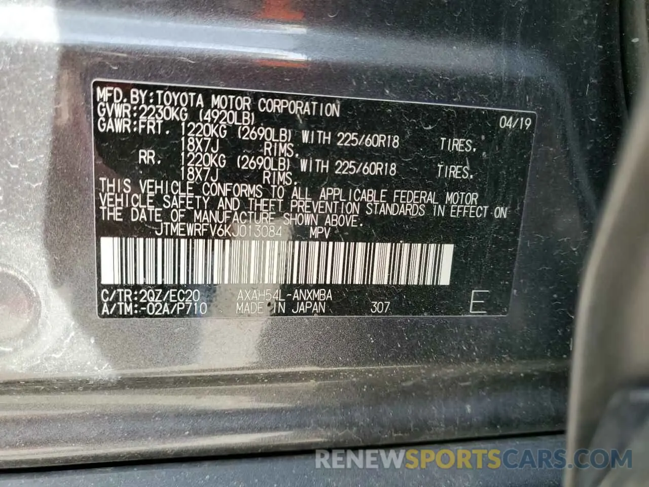 13 Фотография поврежденного автомобиля JTMEWRFV6KJ013084 TOYOTA RAV4 2019