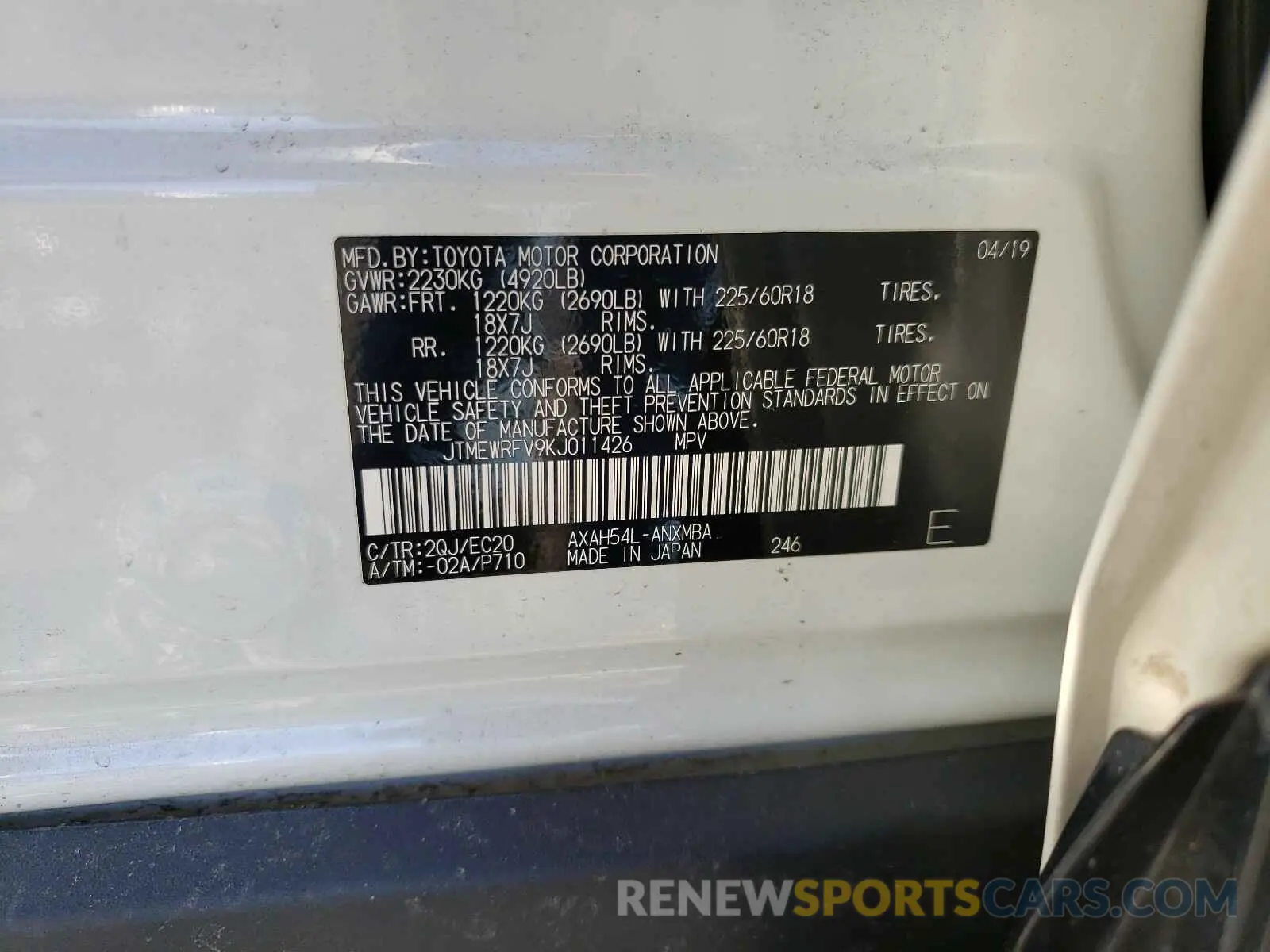 10 Photograph of a damaged car JTMEWRFV9KJ011426 TOYOTA RAV4 2019