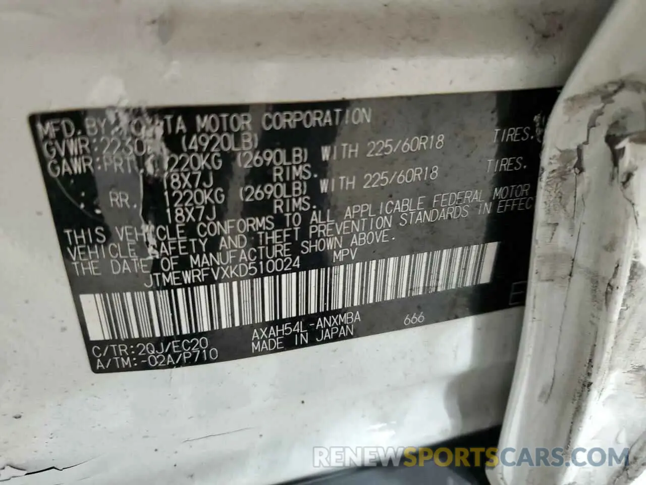 13 Фотография поврежденного автомобиля JTMEWRFVXKD510024 TOYOTA RAV4 2019