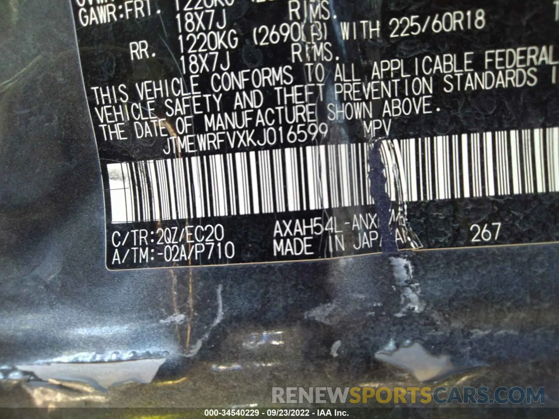 9 Фотография поврежденного автомобиля JTMEWRFVXKJ016599 TOYOTA RAV4 2019