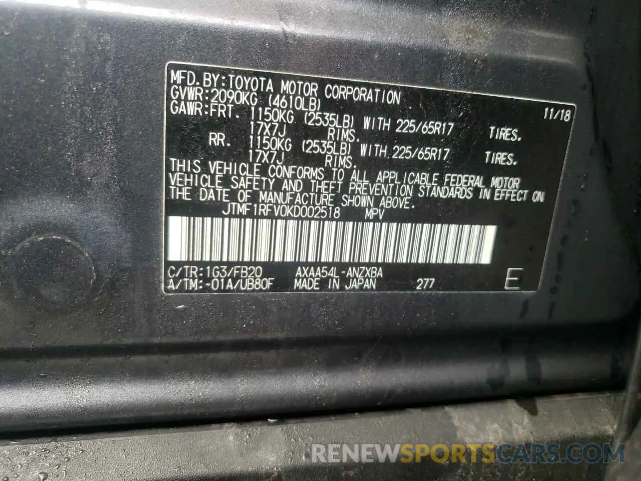 10 Photograph of a damaged car JTMF1RFV0KD002518 TOYOTA RAV4 2019