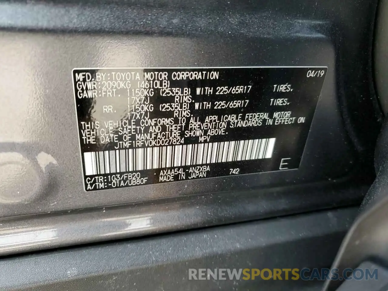 13 Фотография поврежденного автомобиля JTMF1RFV0KD027824 TOYOTA RAV4 2019