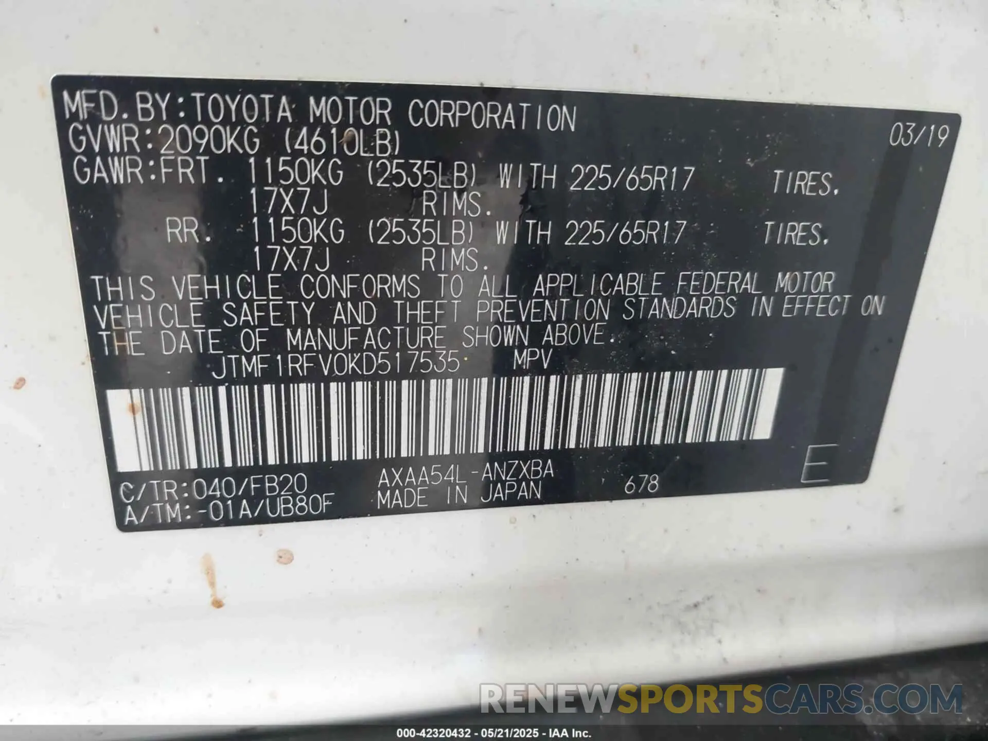 9 Фотография поврежденного автомобиля JTMF1RFV0KD517535 TOYOTA RAV4 2019