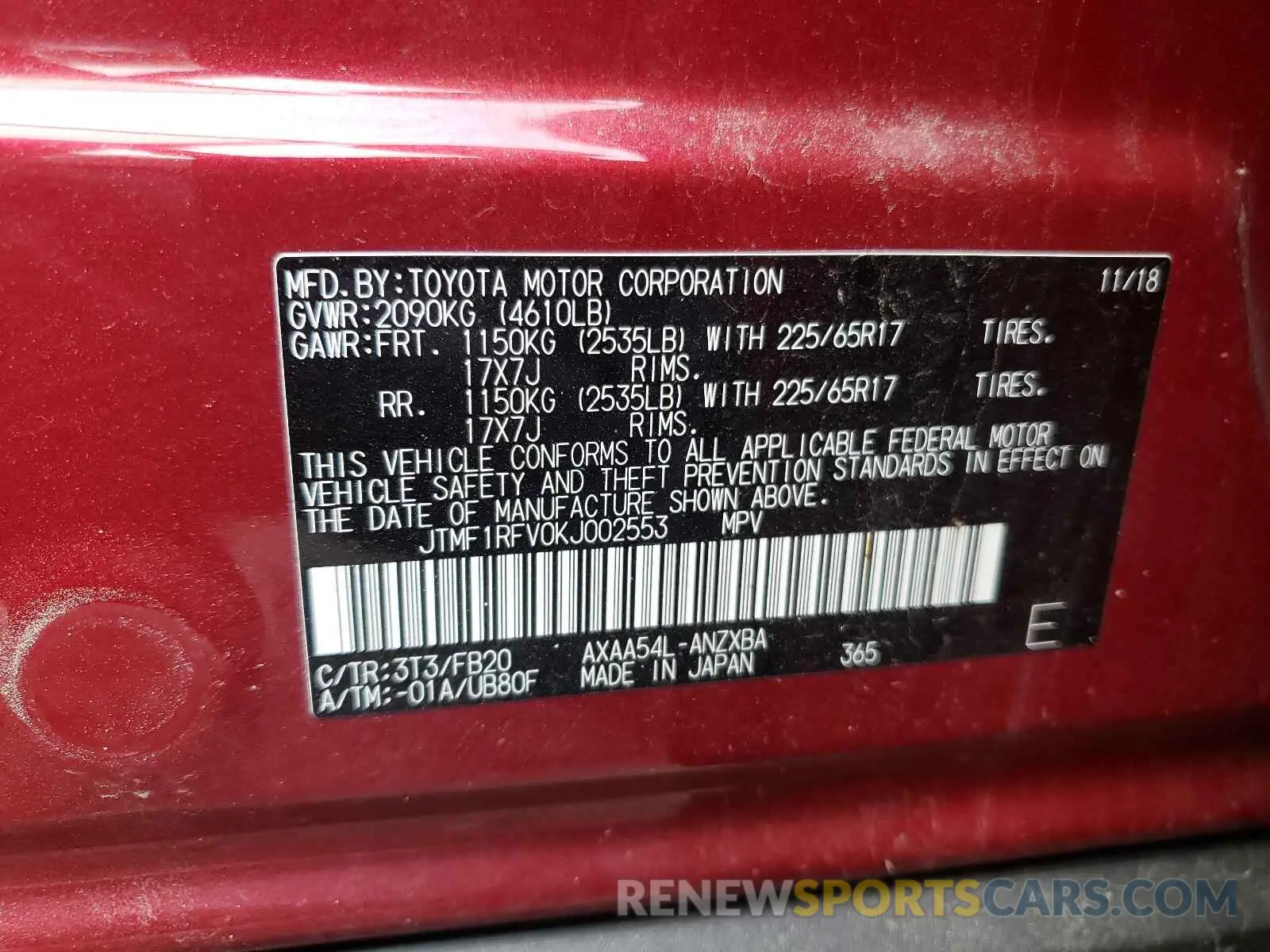 10 Photograph of a damaged car JTMF1RFV0KJ002553 TOYOTA RAV4 2019